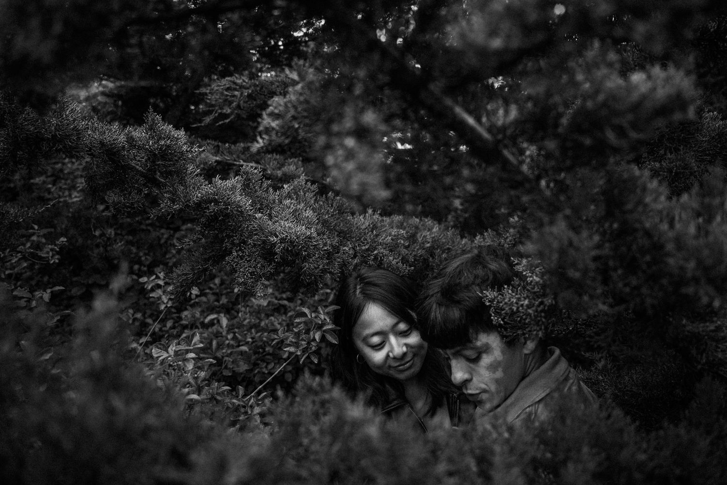 Black and white photo of a couple nestled among lush green bushes, eyes closed, sharing a tender moment.