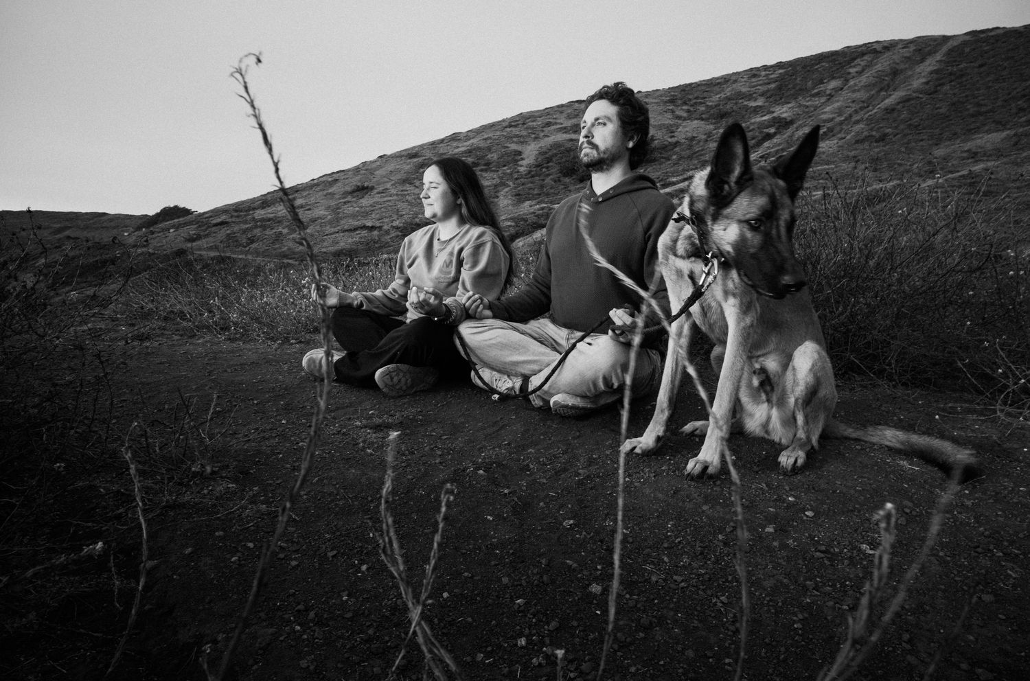 Black and white photo of couple sitting on hillside with German Shepherd dog at dusk.