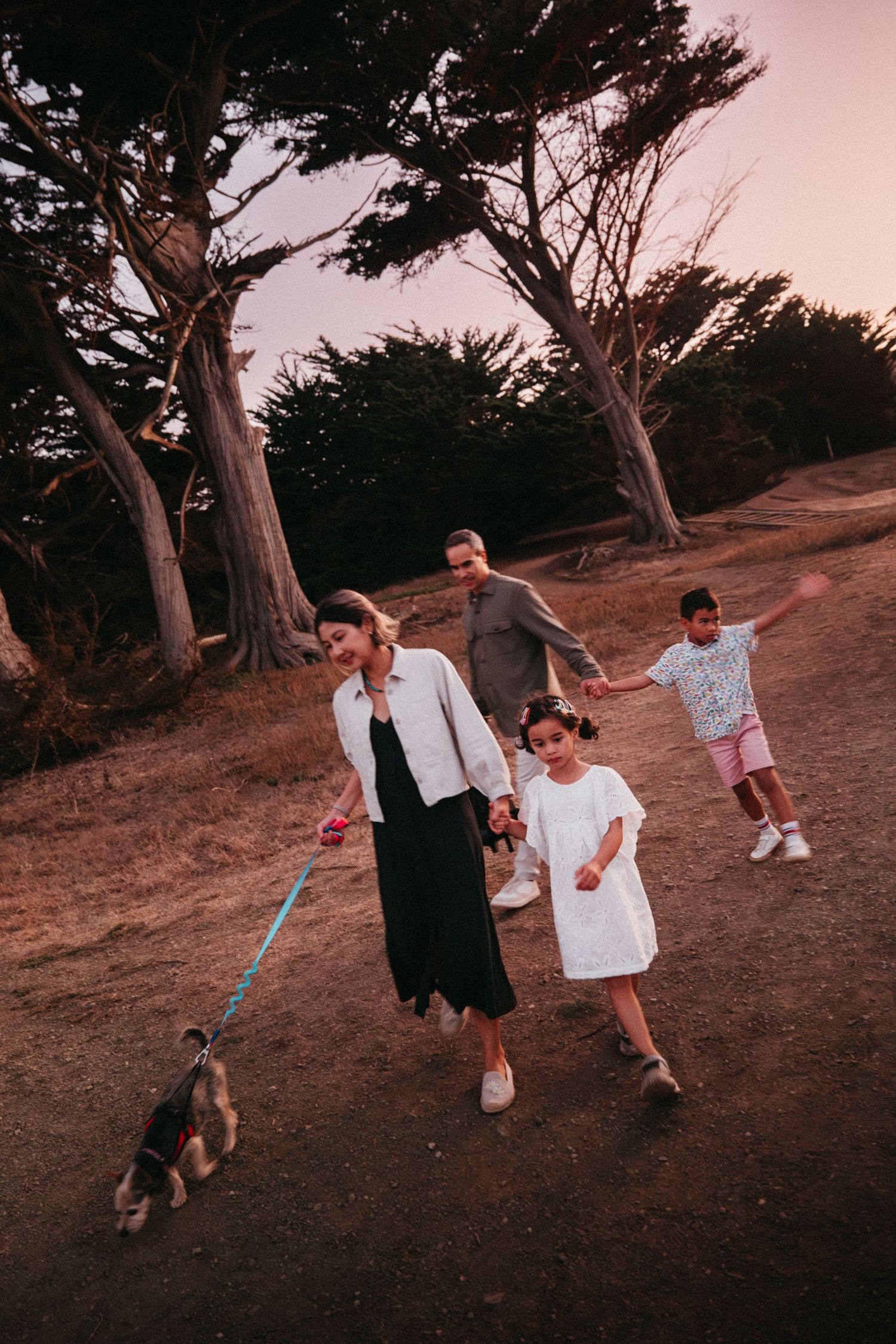 Family with two children and a dog walking in a scenic park at sunset with tall trees in the background.
