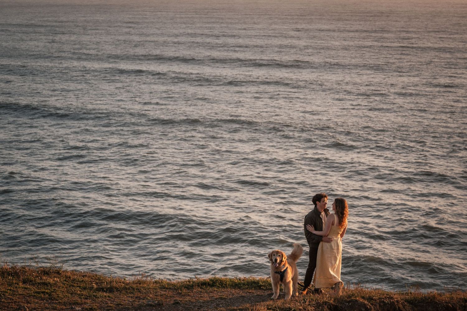 Couple embracing at golden hour on coastal cliffside with golden retriever, ocean waves in background.