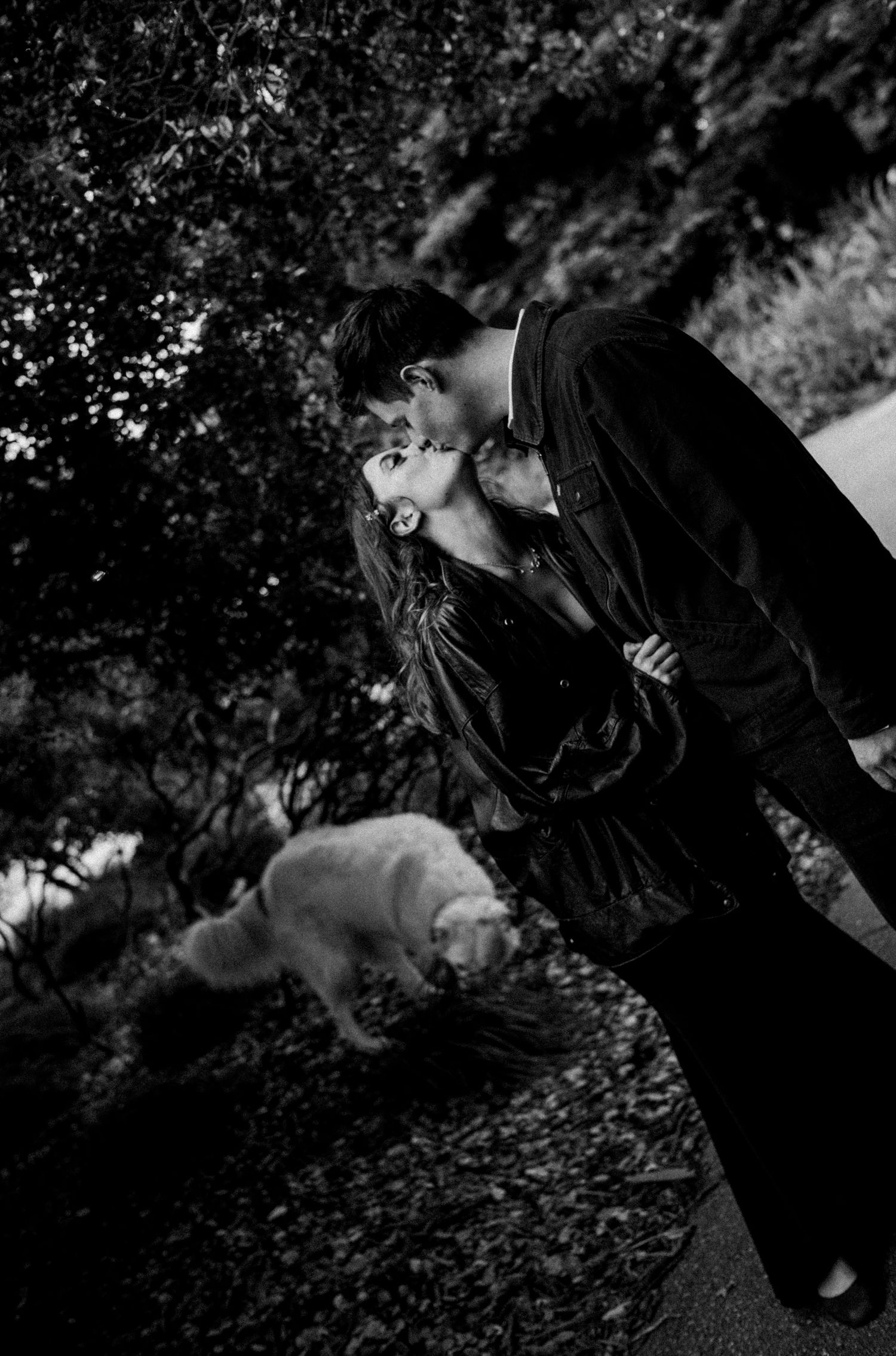Black and white photo of a couple kissing outdoors with a white dog nearby.