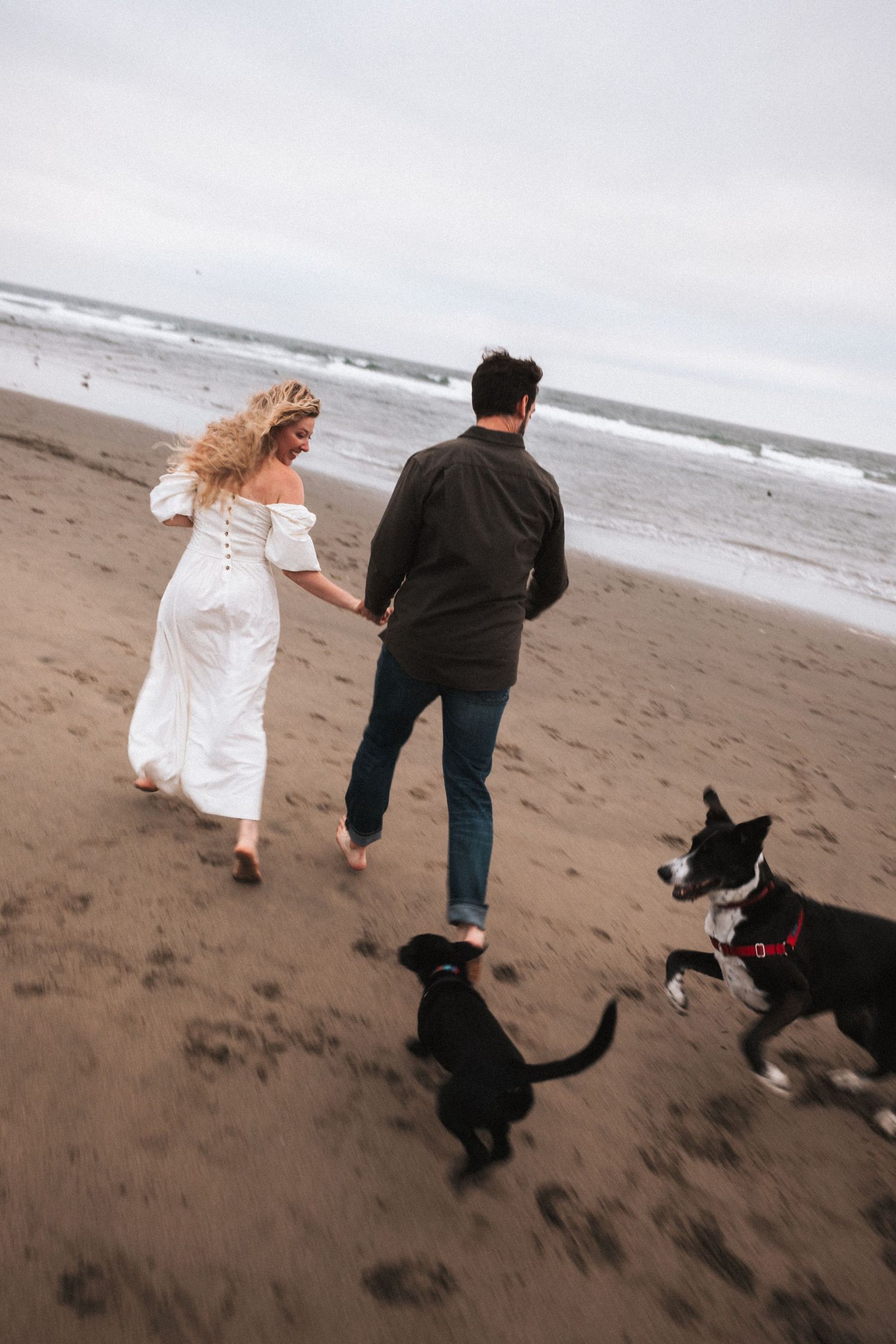 Couple holding hands walking on beach with two dogs, woman in white off-shoulder dress.