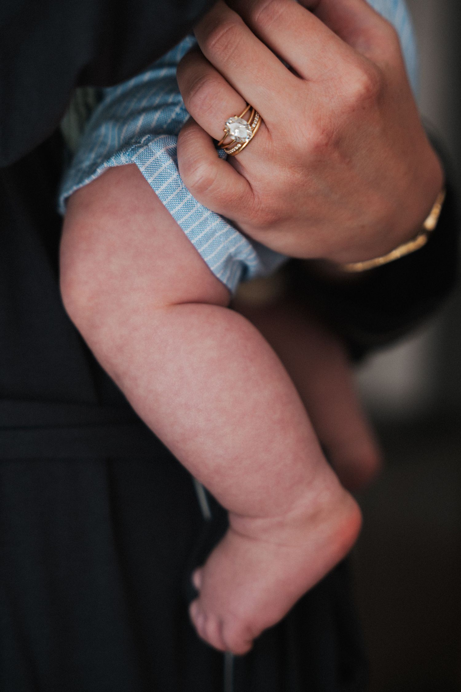 Close-up of a newborn baby's legs held by an adult hand wearing a gold ring and bracelet.