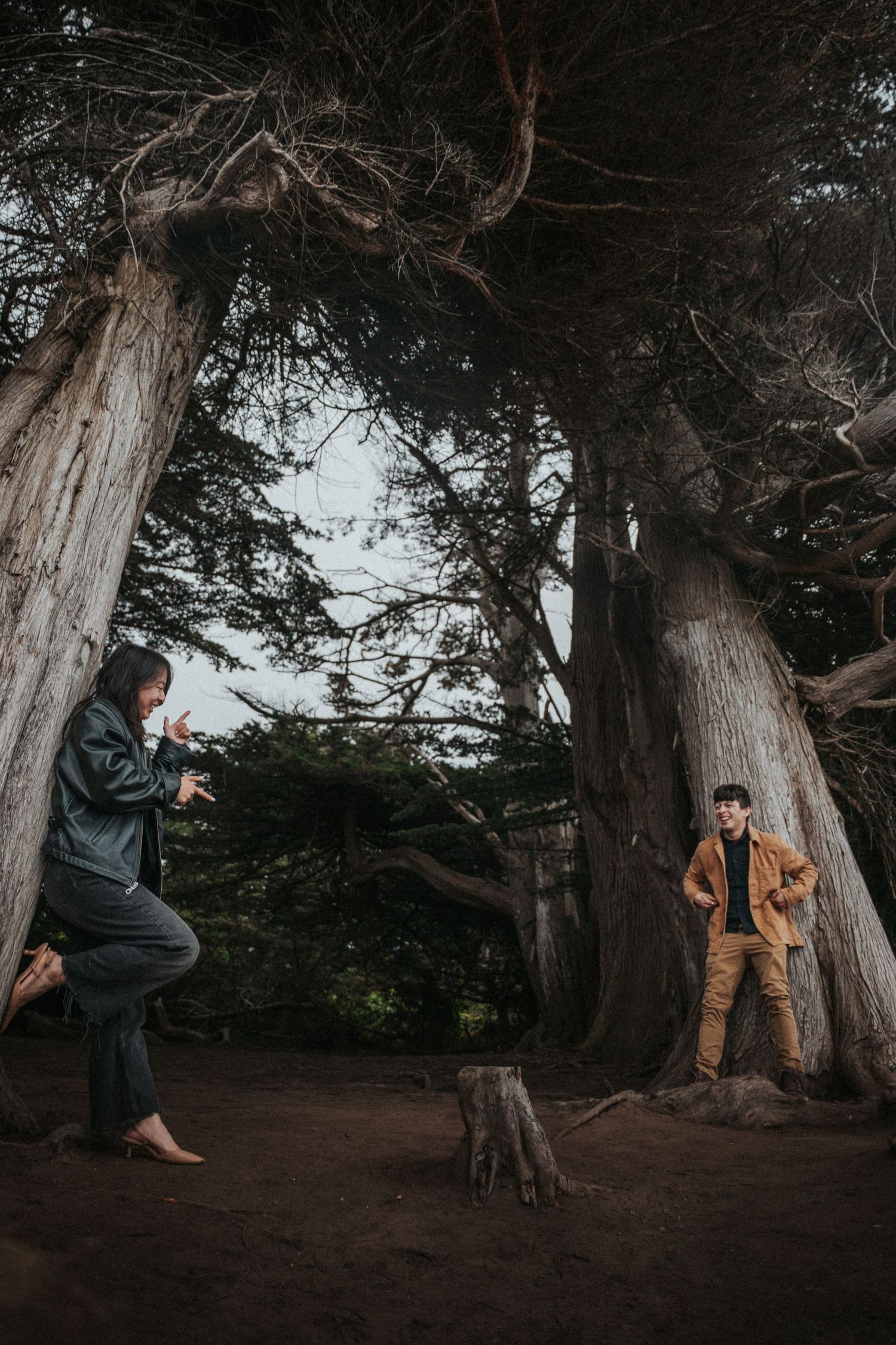 Two people stand among large ancient trees in a moody forest setting, one posing barefoot while the other leans against a trunk.