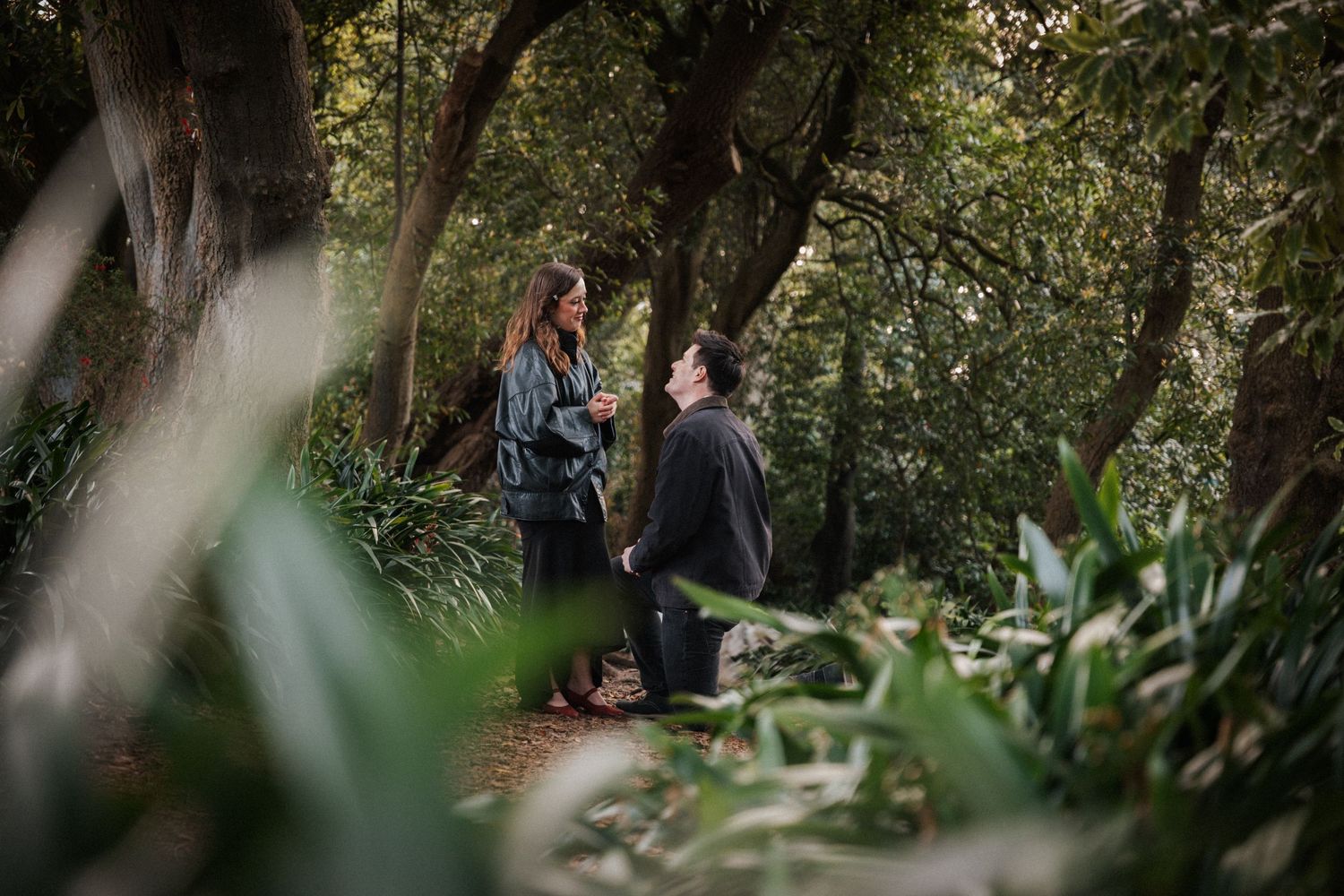 Man proposing on one knee to woman on a forest path surrounded by lush green trees and foliage.
