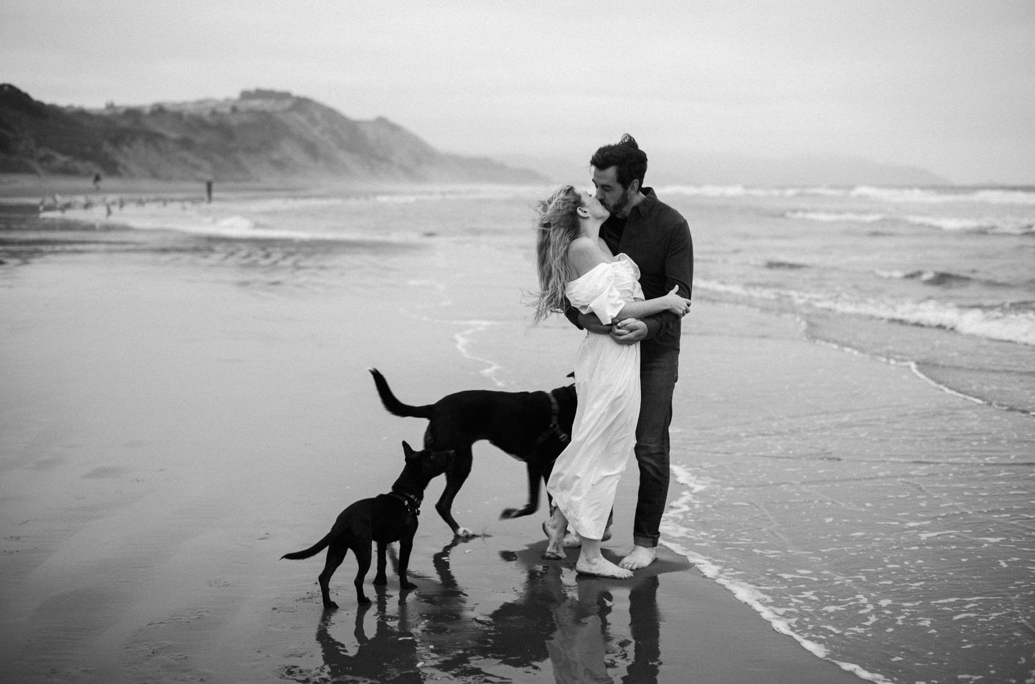 A couple shares a tender kiss on a wet beach in black and white, with two black dogs beside them.
