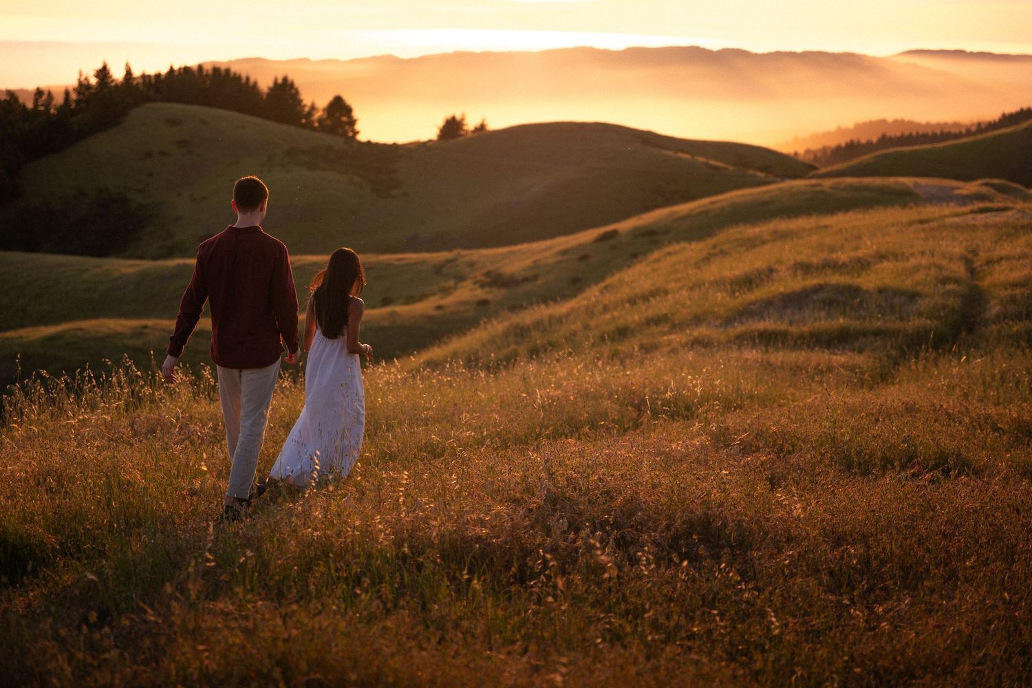 Couple holding hands walking through golden sunset meadow with rolling hills and misty mountains in background.