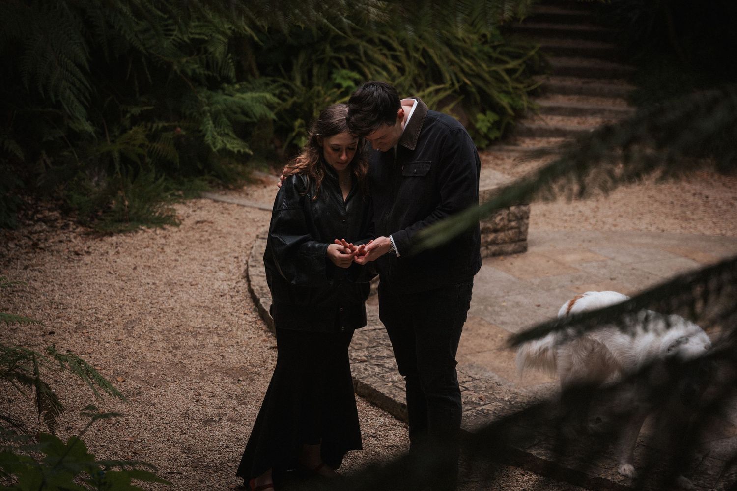 Couple in black attire share an intimate moment on a forest path surrounded by lush fern trees.