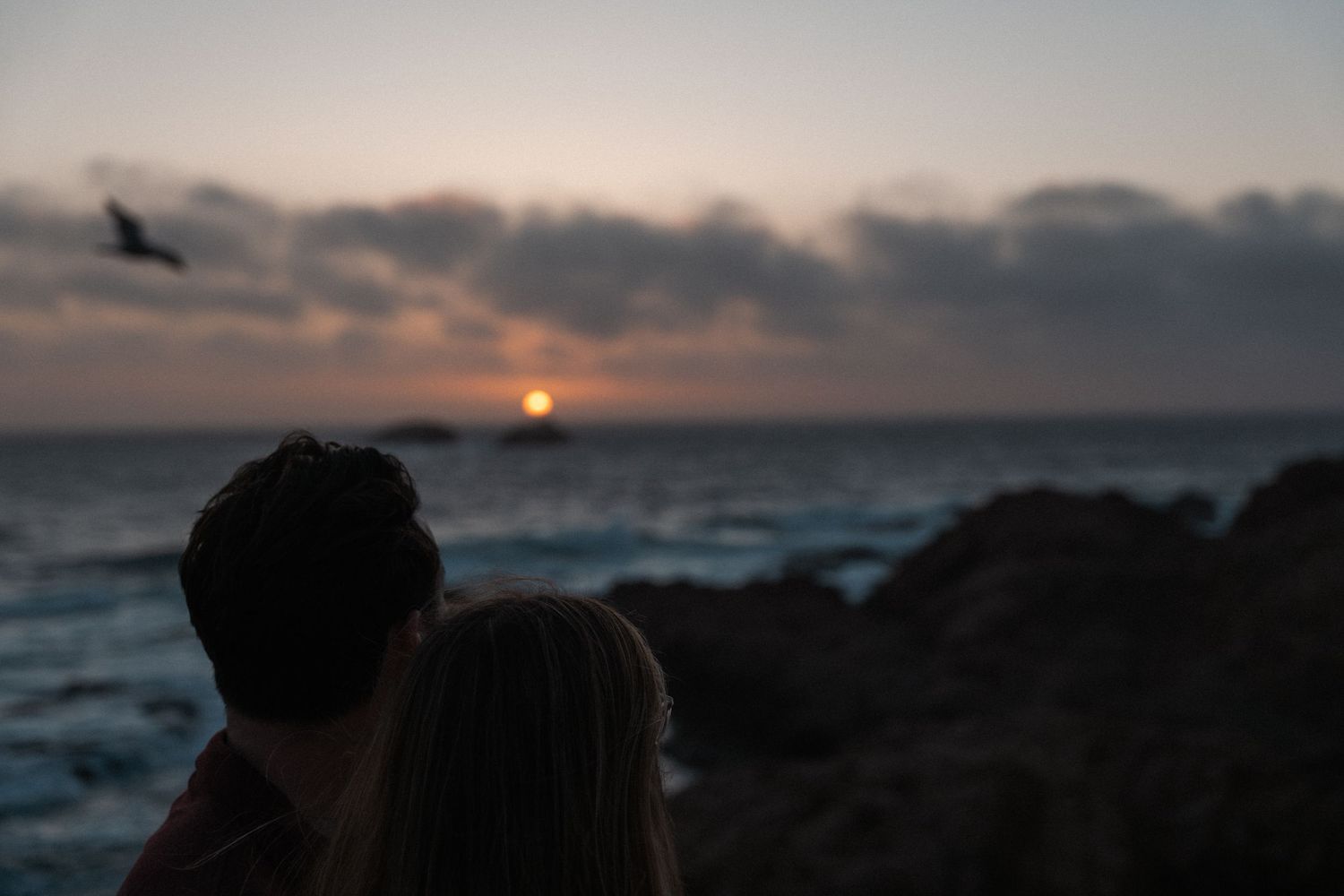Couple watching a romantic ocean sunset from rocky shore with a bird flying in the cloudy sky.