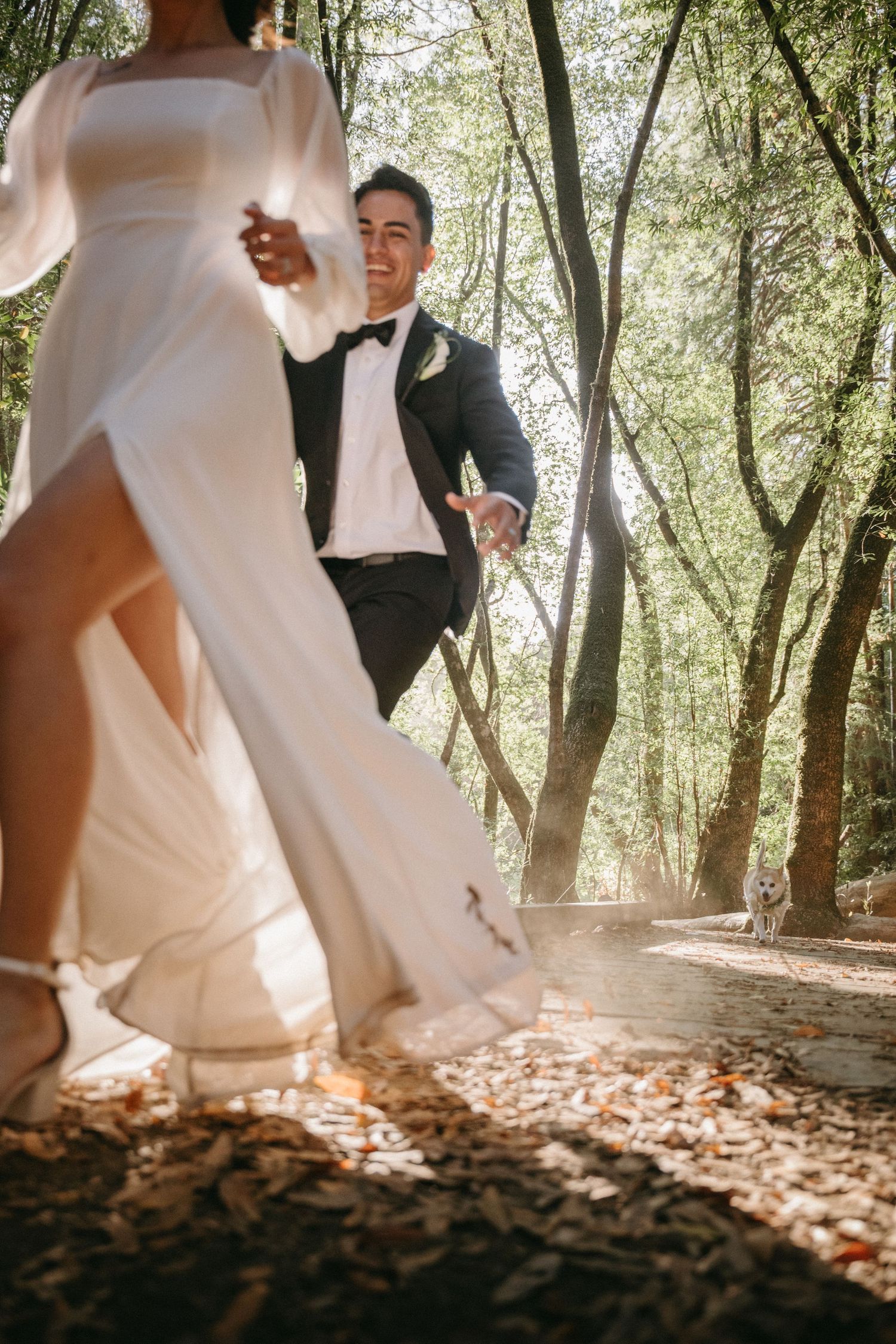 A smiling groom in a tuxedo holds his bride's hand while walking through a sunlit forest on their wedding day.