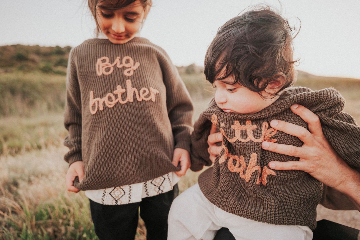 Coyote Hills Regional Park (Fremont). Two children wearing matching brown knit sweaters labeled Big Brother and Little Brother outdoors.