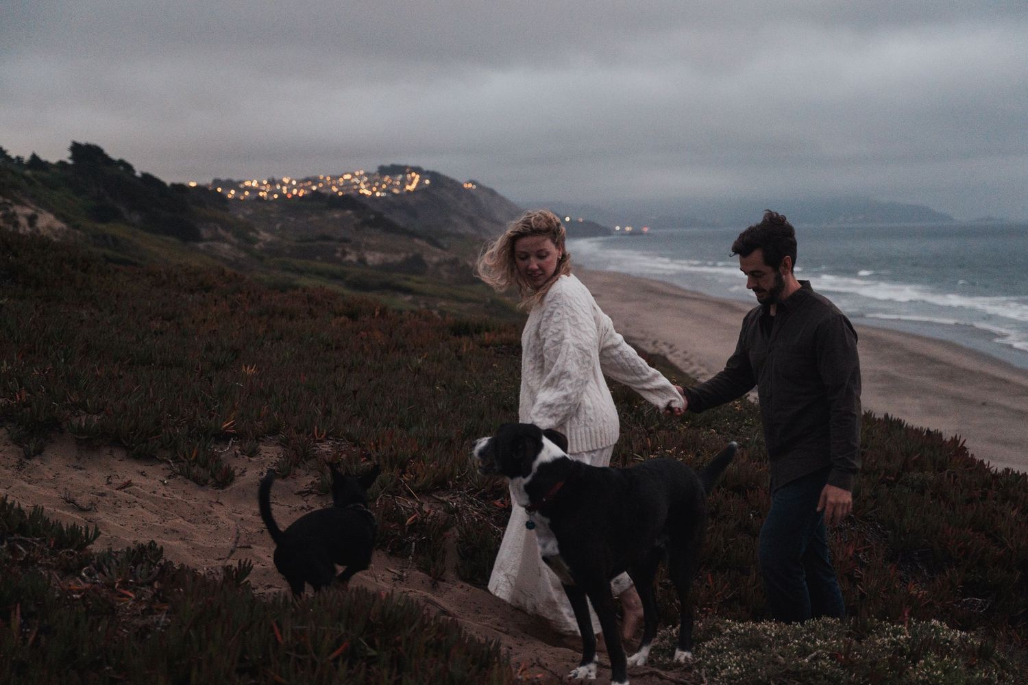 Couple with two black dogs on coastal hillside with beach and city lights at dusk.