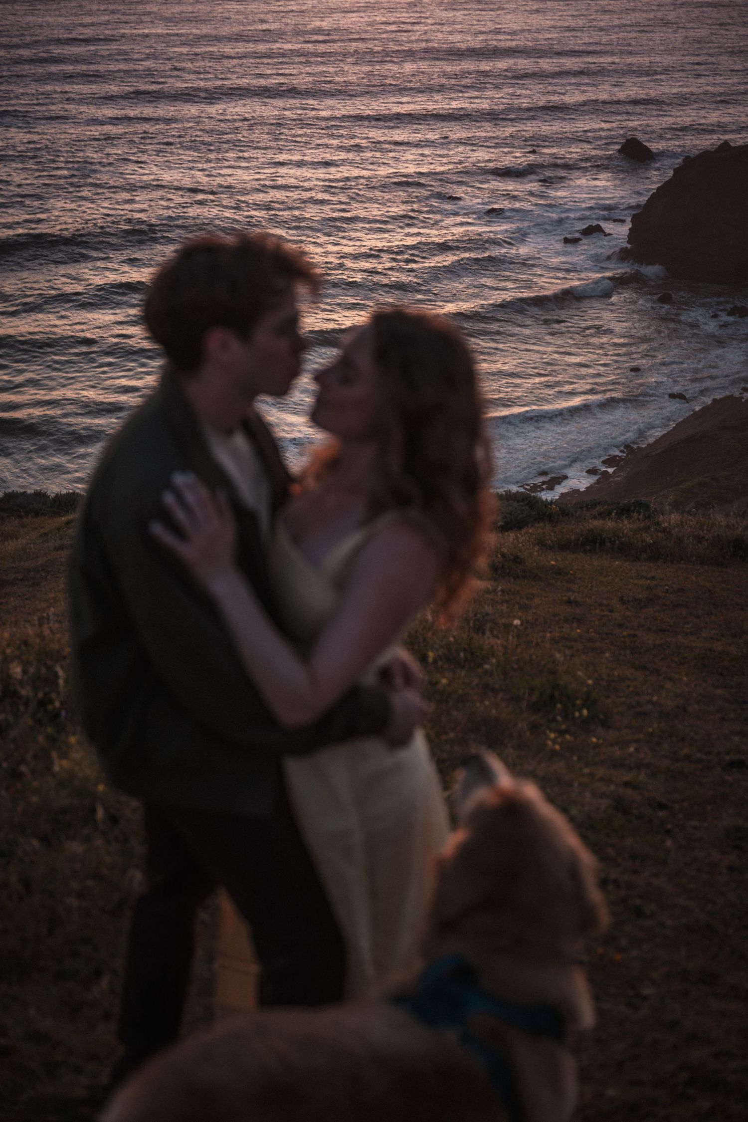 Couple embraces on coastal cliff at sunset with dog and ocean waves in background.