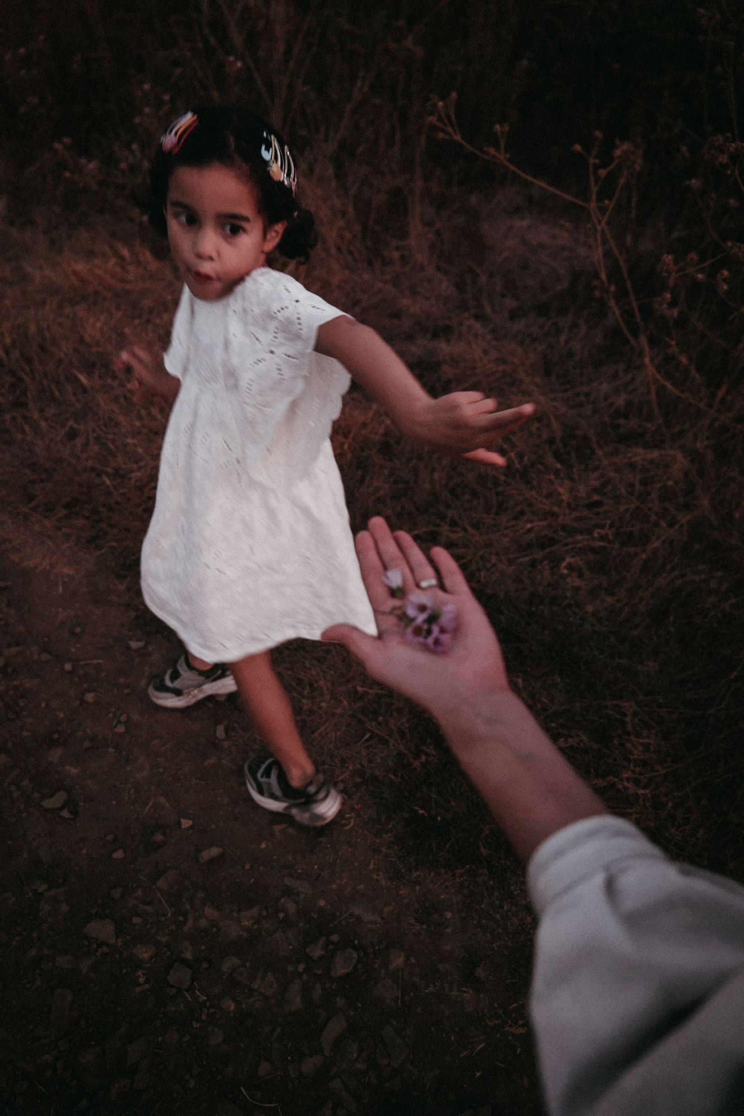 A young girl in a white dress reaches toward an outstretched hand on a nature trail at dusk.