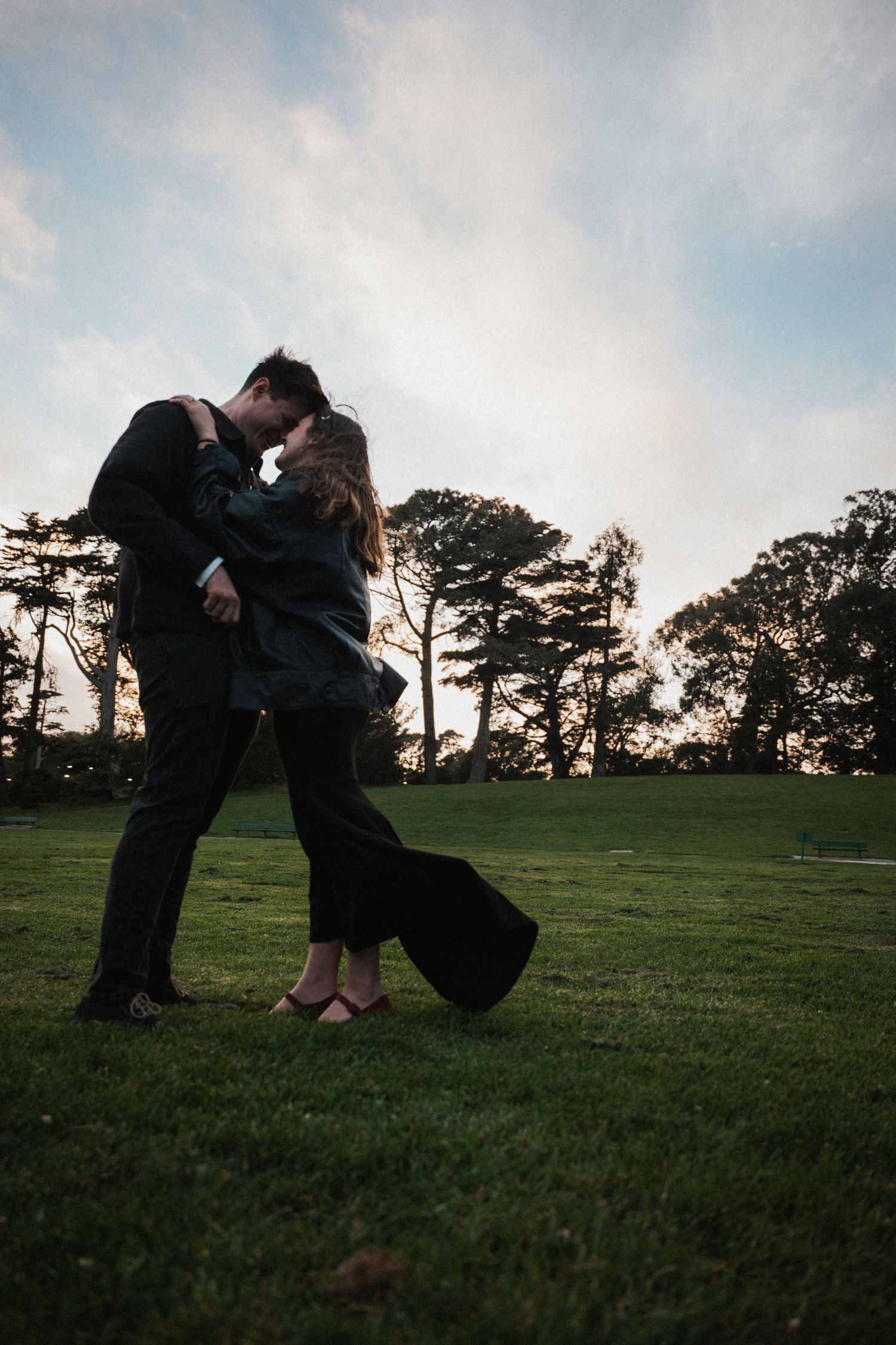 A couple shares a romantic kiss on a grassy park lawn at sunset, silhouetted against a cloudy sky.