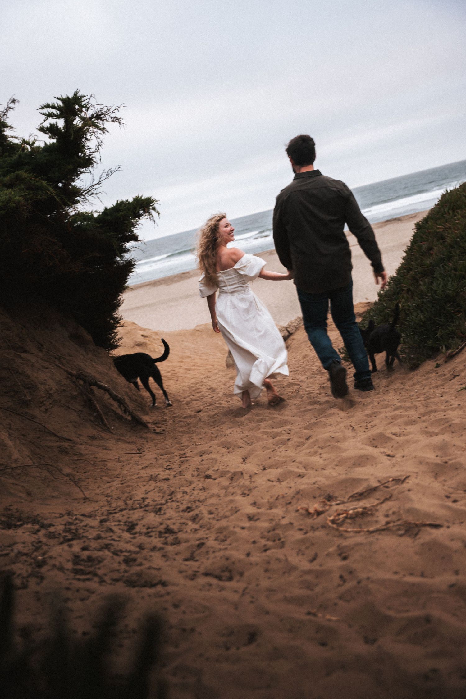 Couple in white dress and dark shirt walking dogs down sandy path toward ocean beach.