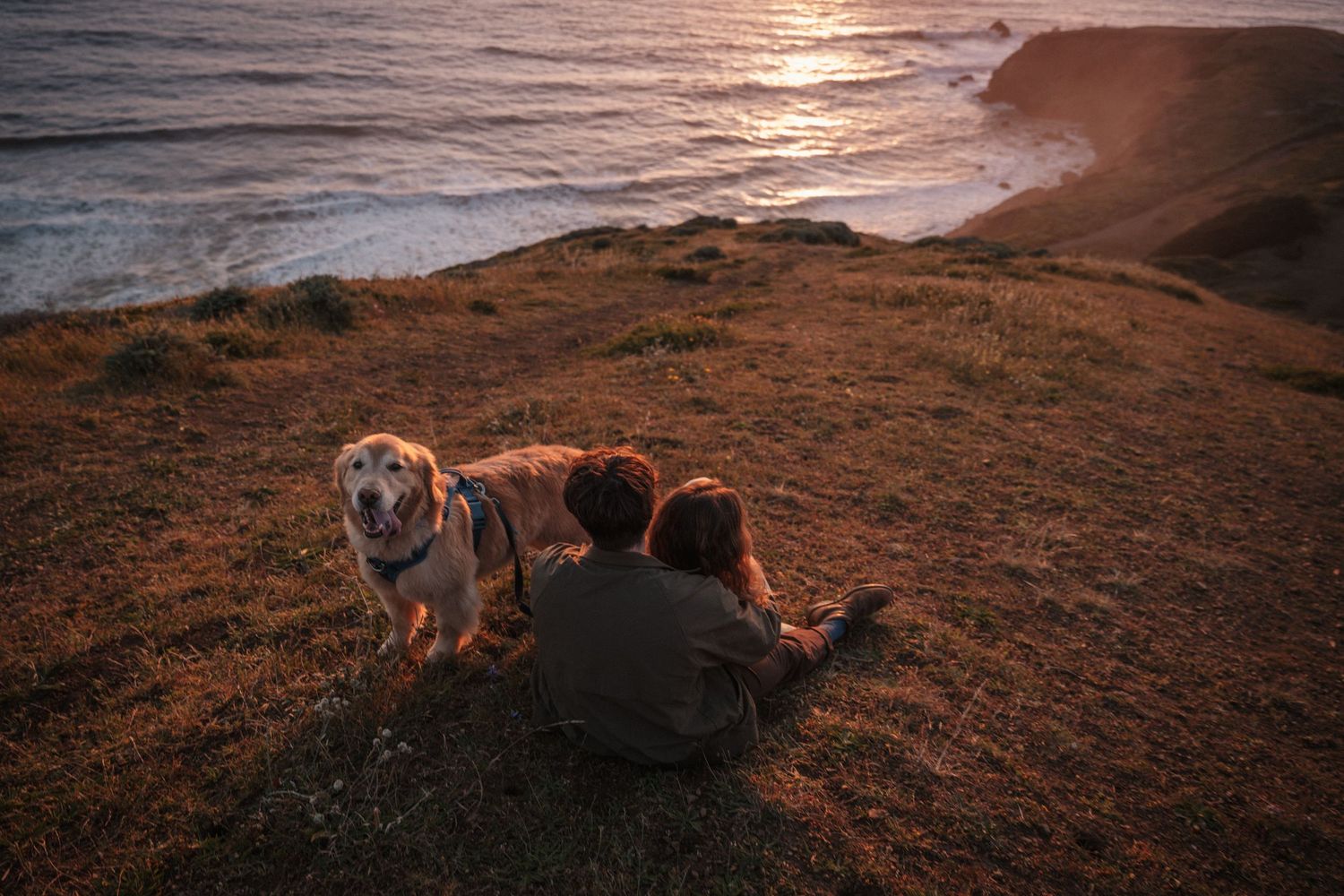 Two people and a golden retriever sit on a coastal cliff watching a scenic ocean sunset together. Photography by The Y.K. Studio.