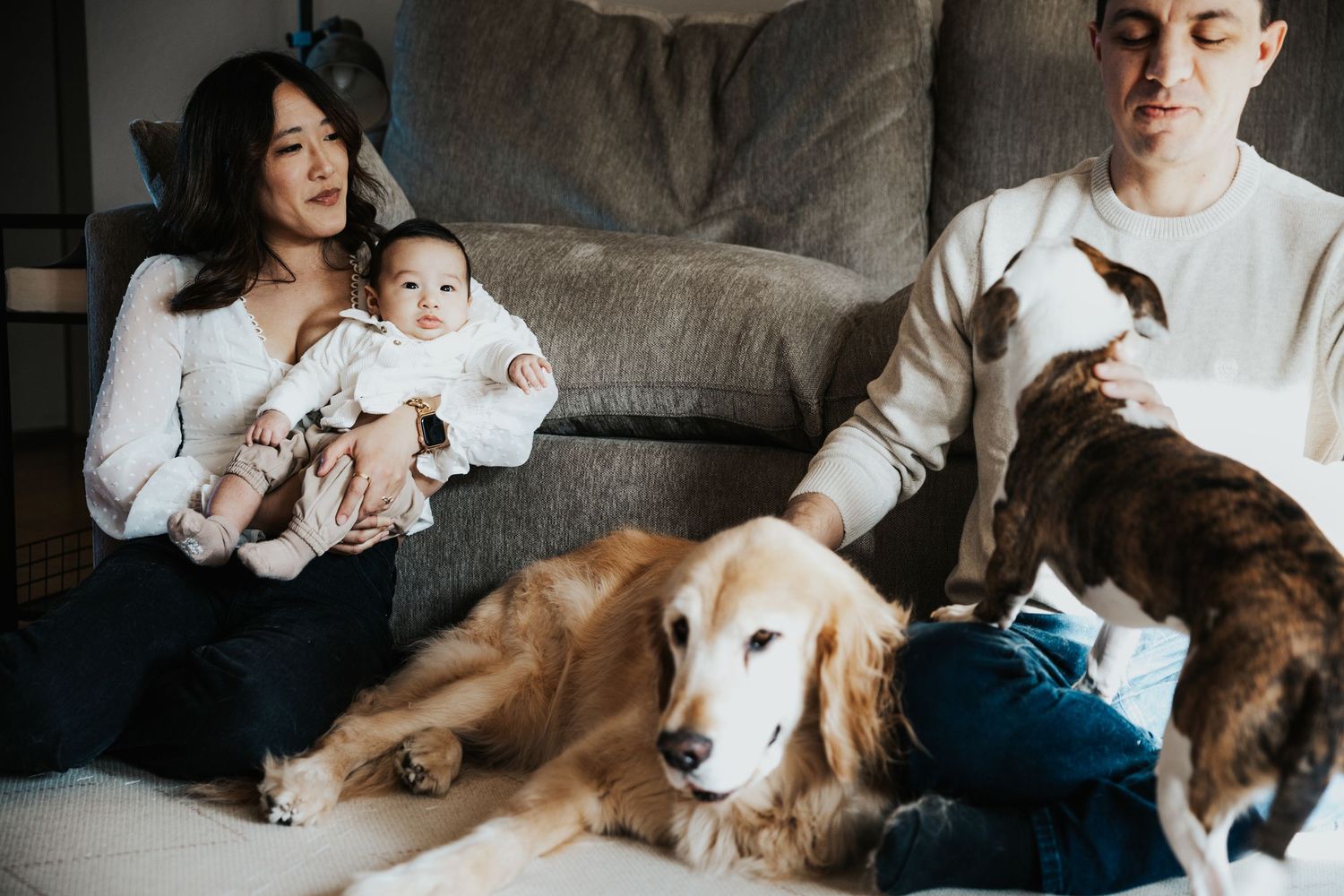 Family with baby and two dogs relaxing together on living room floor, golden retriever lying in foreground.
