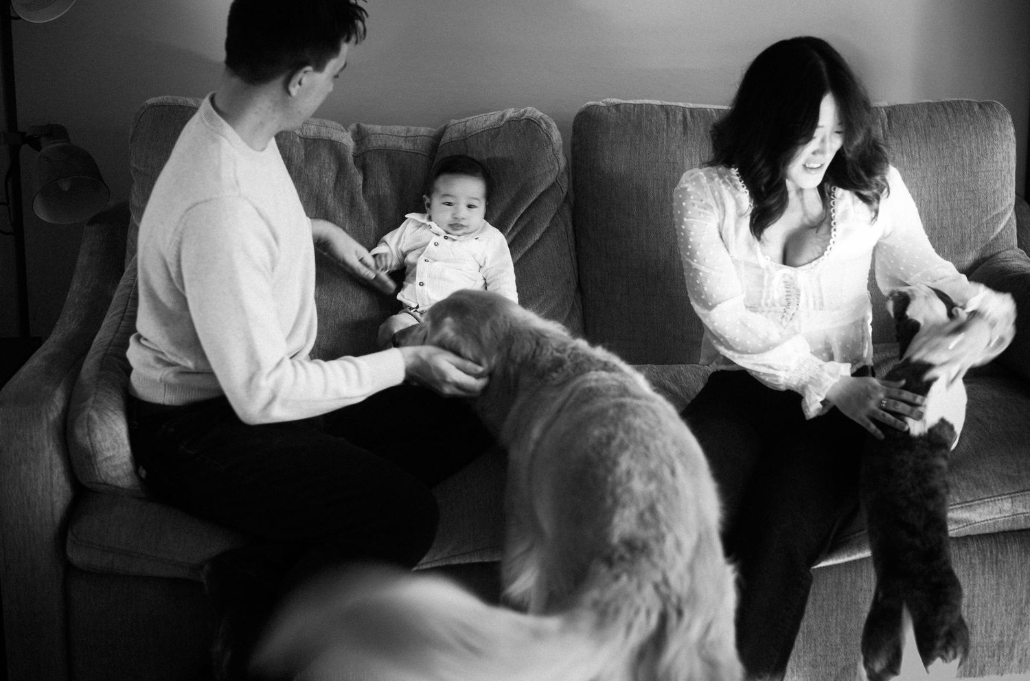 Family with newborn baby and golden dog relaxing on sofa in black and white photo.
