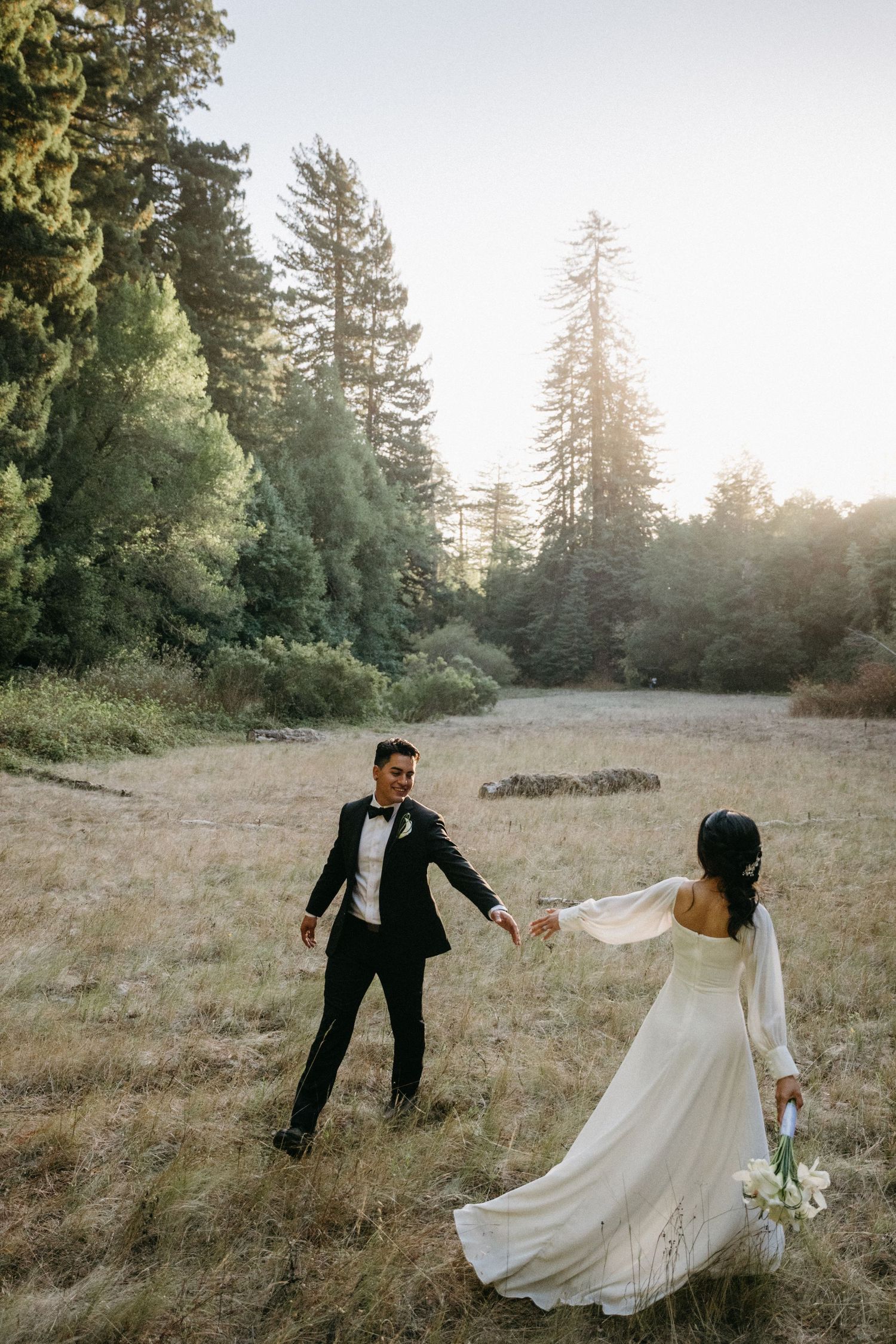 Bride and groom hold hands in a sunlit forest meadow, bride in flowing white gown, groom in black tuxedo.