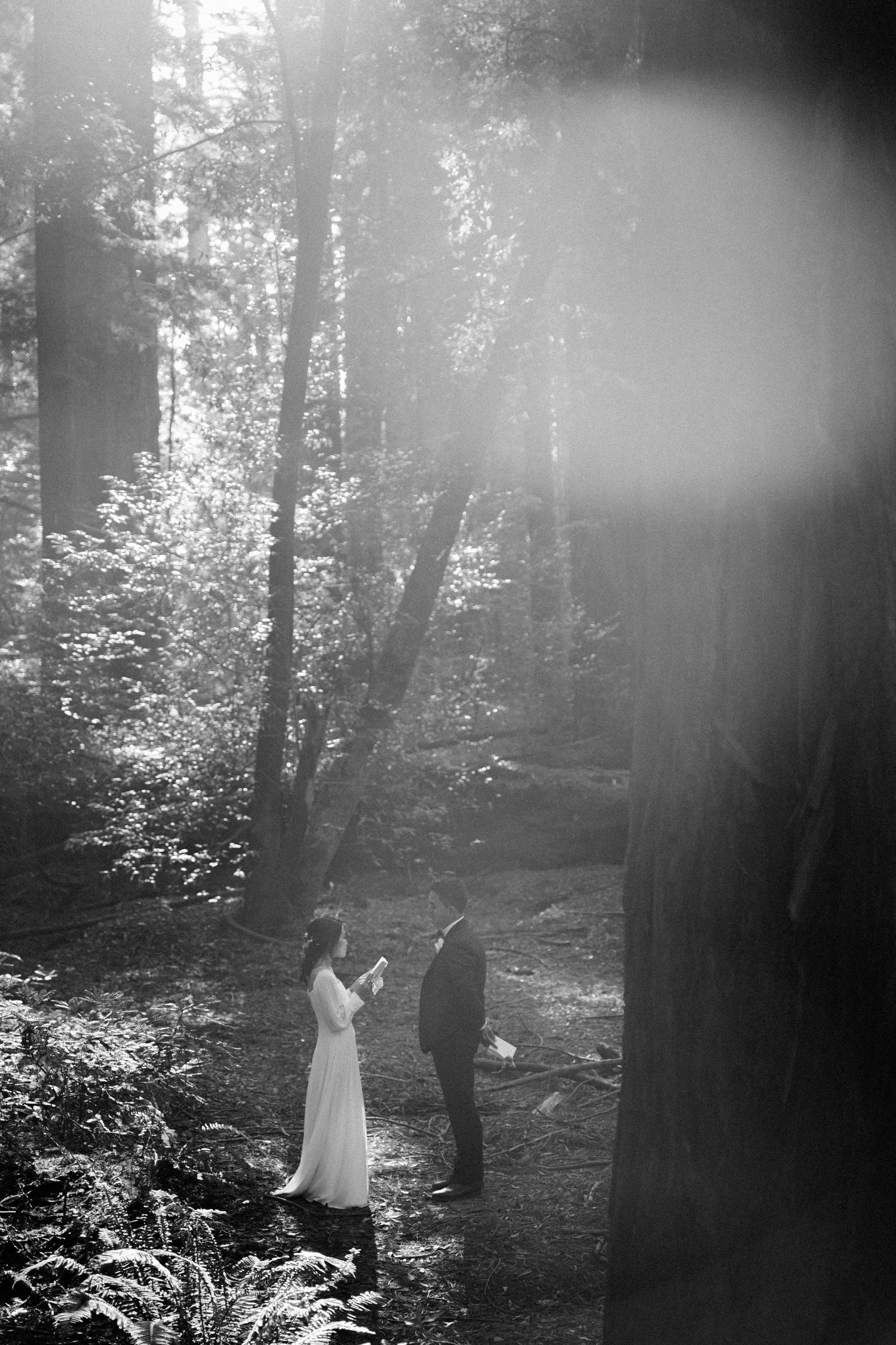 Black and white photo of a bride and groom exchanging vows in a sunlit forest during an intimate woodland elopement.