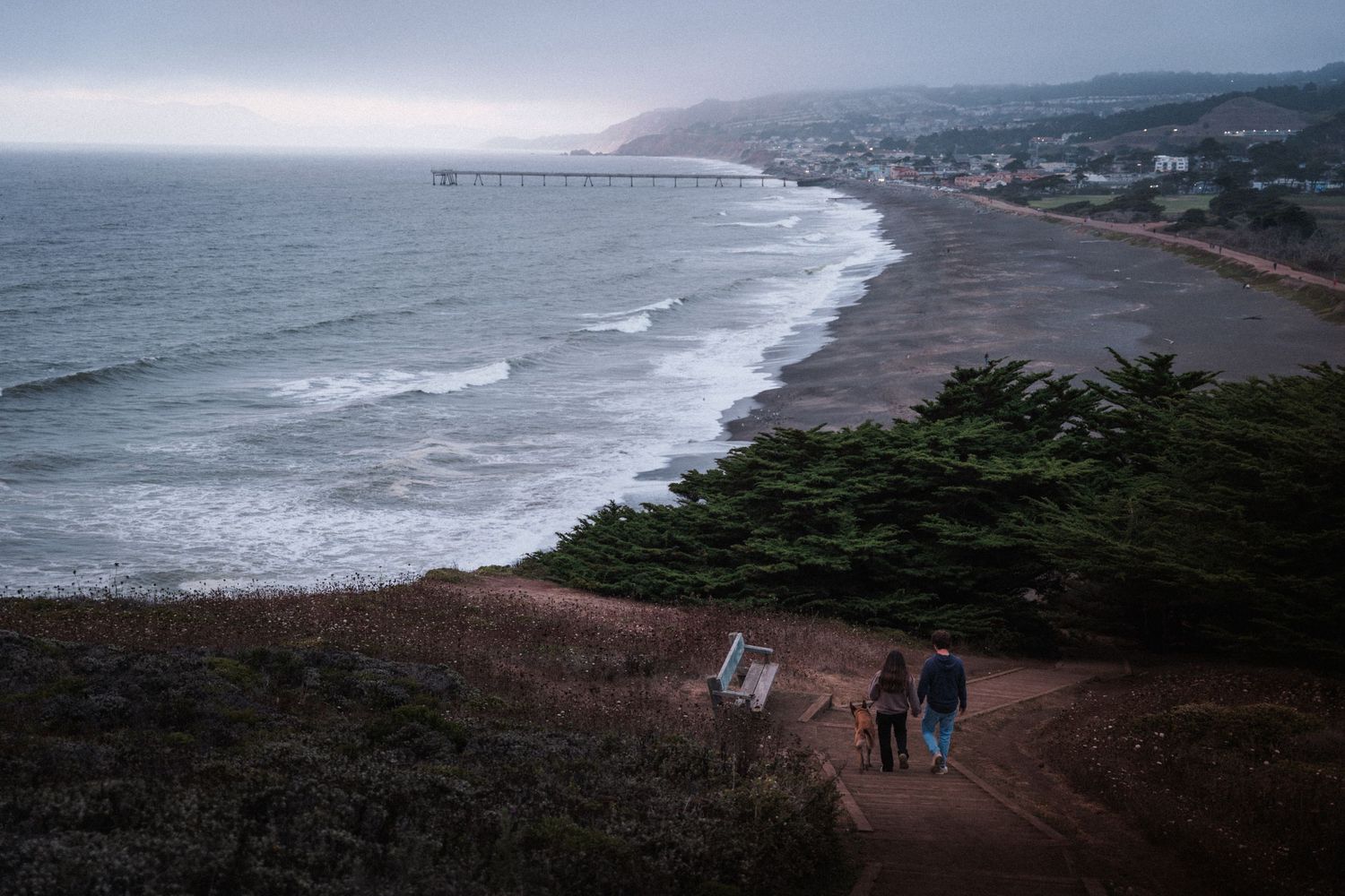 Couple walking a dog on a coastal trail overlooking a misty beach and ocean at dusk.