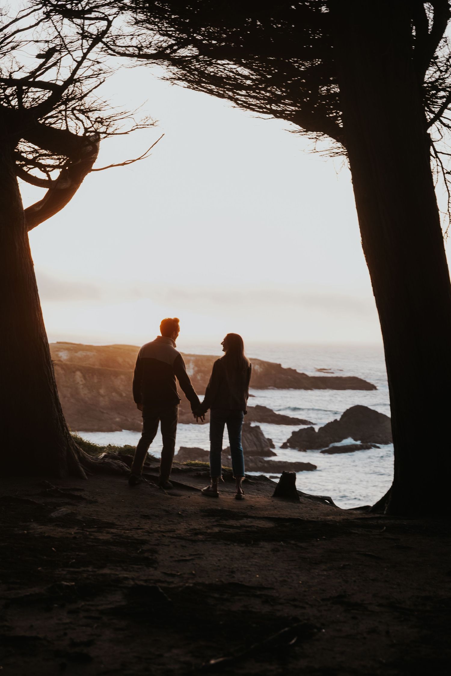 Couple holding hands silhouetted between trees overlooking rocky ocean coastline at sunset.