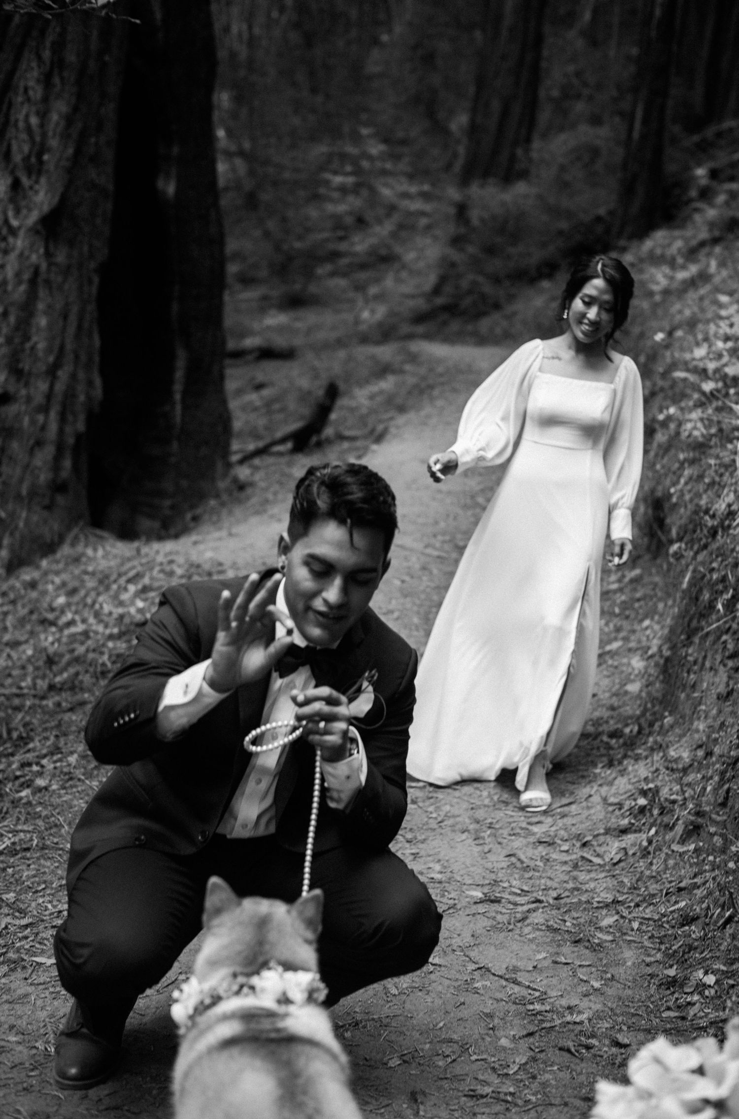 Black and white photo of groom crouching to greet a dog on a forest path while bride walks toward him in white gown.