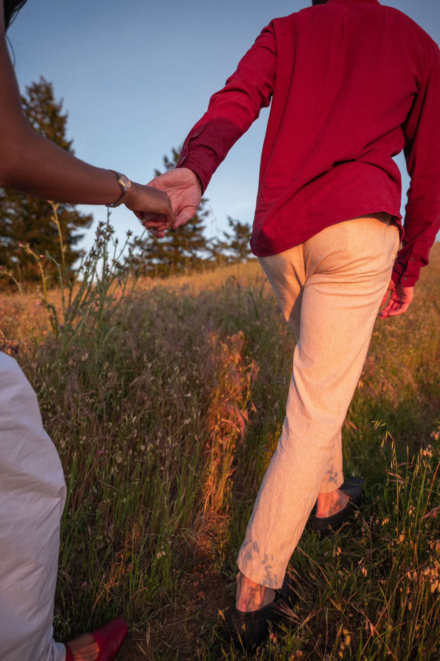 Close-up of couple holding hands while walking through golden grass field at sunset, man in red shirt.