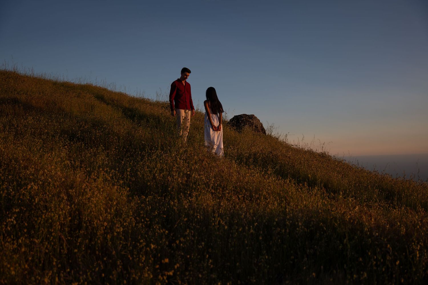 Couple holding hands walking up a grassy hillside at dusk with a blue sky backdrop.Photography by The Y.K. Studio.