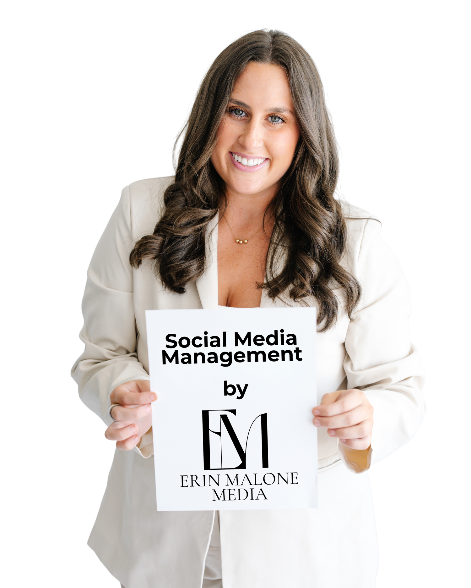 Woman in cream blazer smiling and holding a Social Media Management sign by Erin Malone Media.