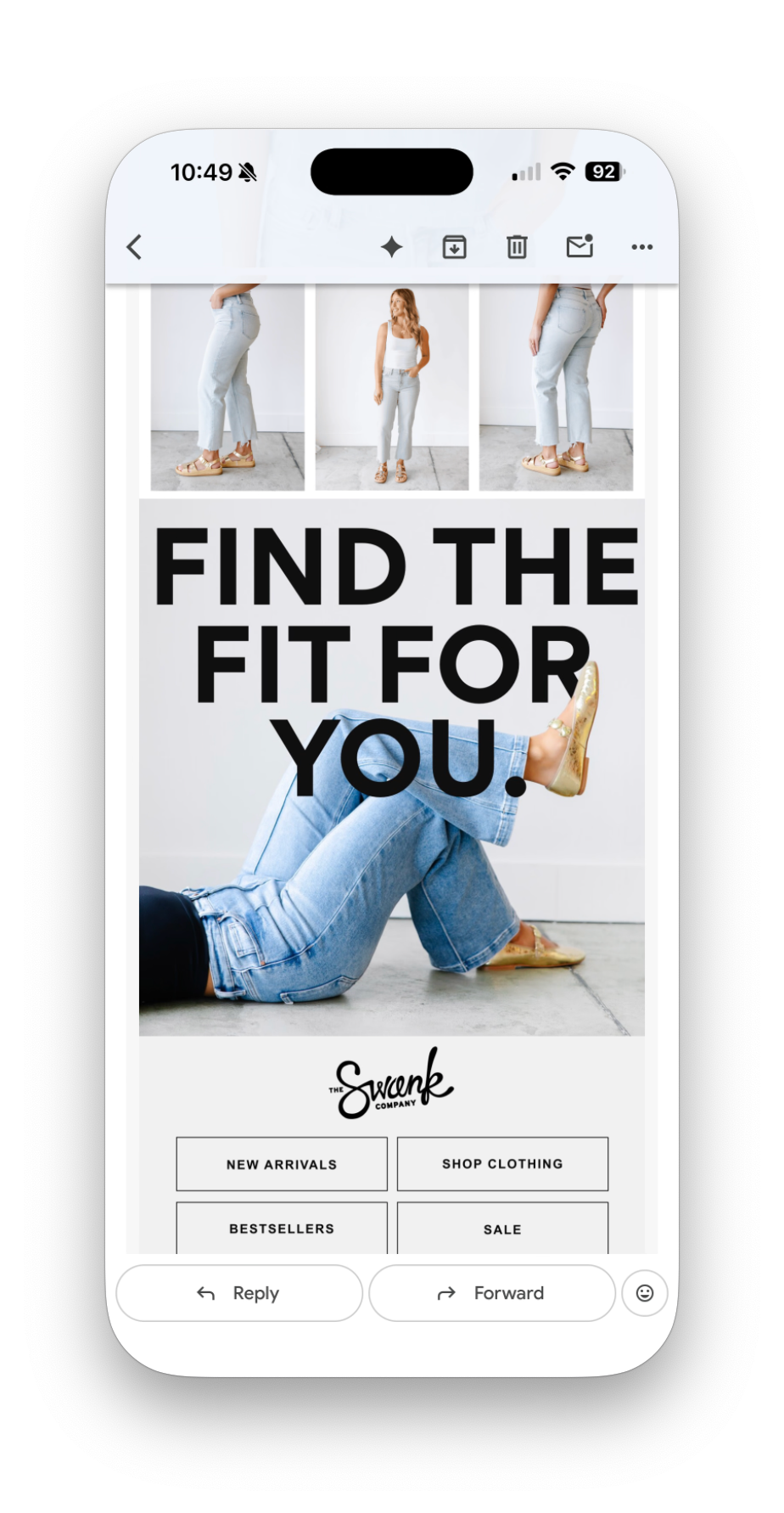 Swank Company denim email footer with Find The Fit For You text and women modeling light wash jeans.