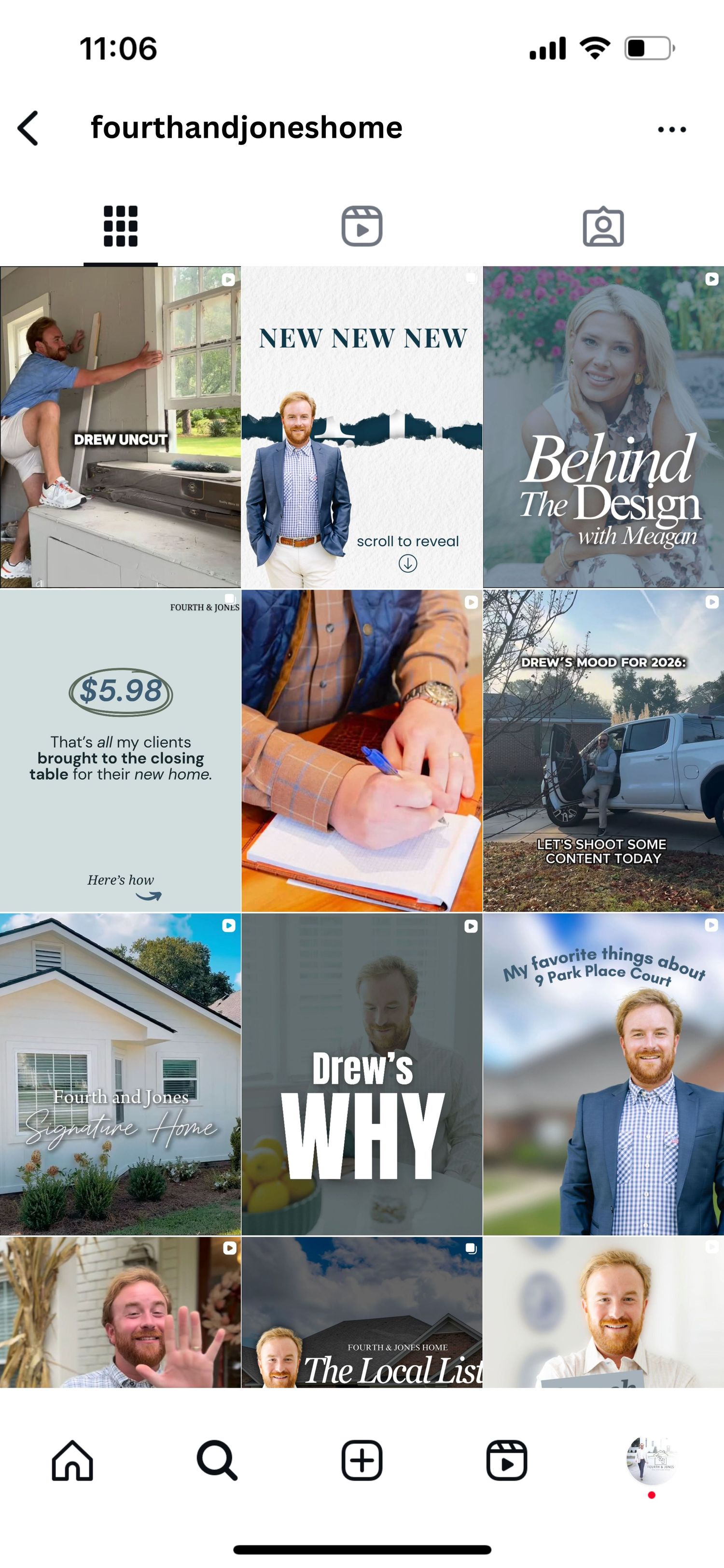 Instagram grid of fourthandjoneshome real estate account featuring Drew and Meagan's content posts.