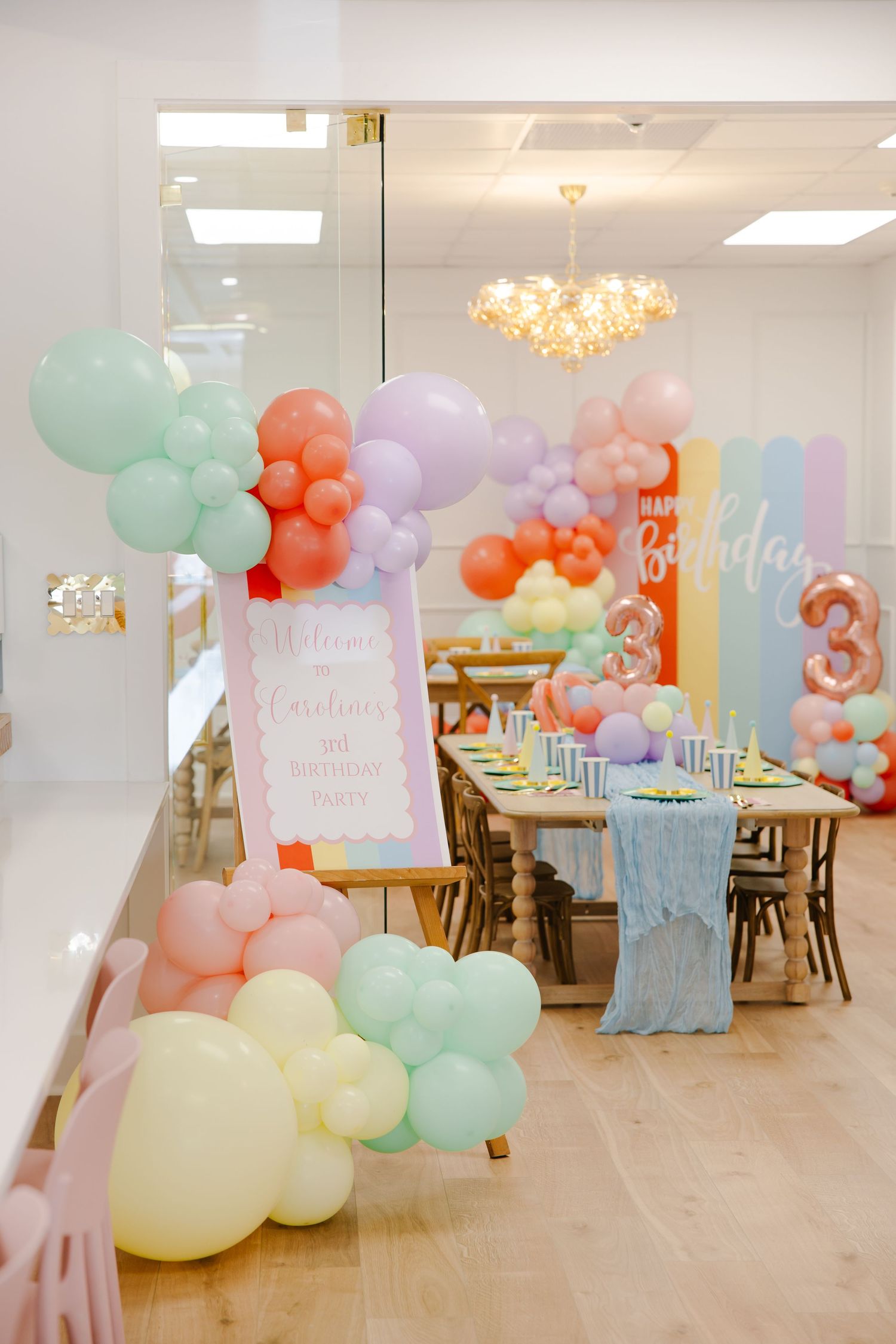 Colorful pastel balloon garland framing a birthday party room with a decorated table and welcome sign.