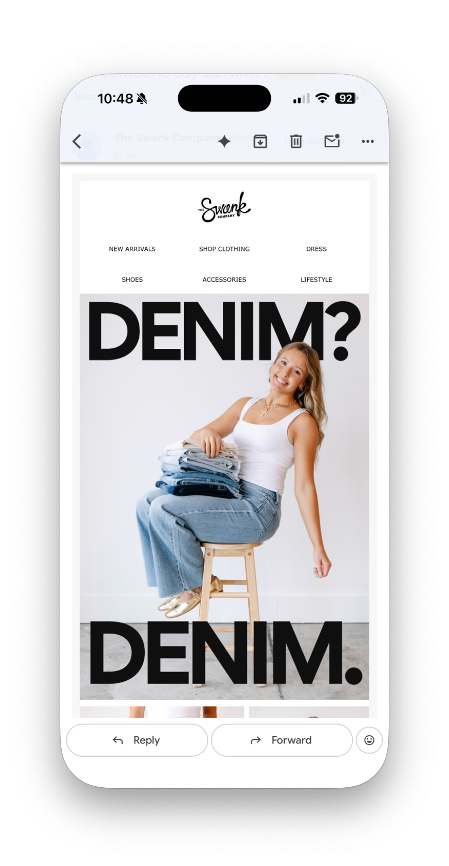 Bold denim fashion email from Swank Company featuring a woman sitting on a stool with stacked jeans.