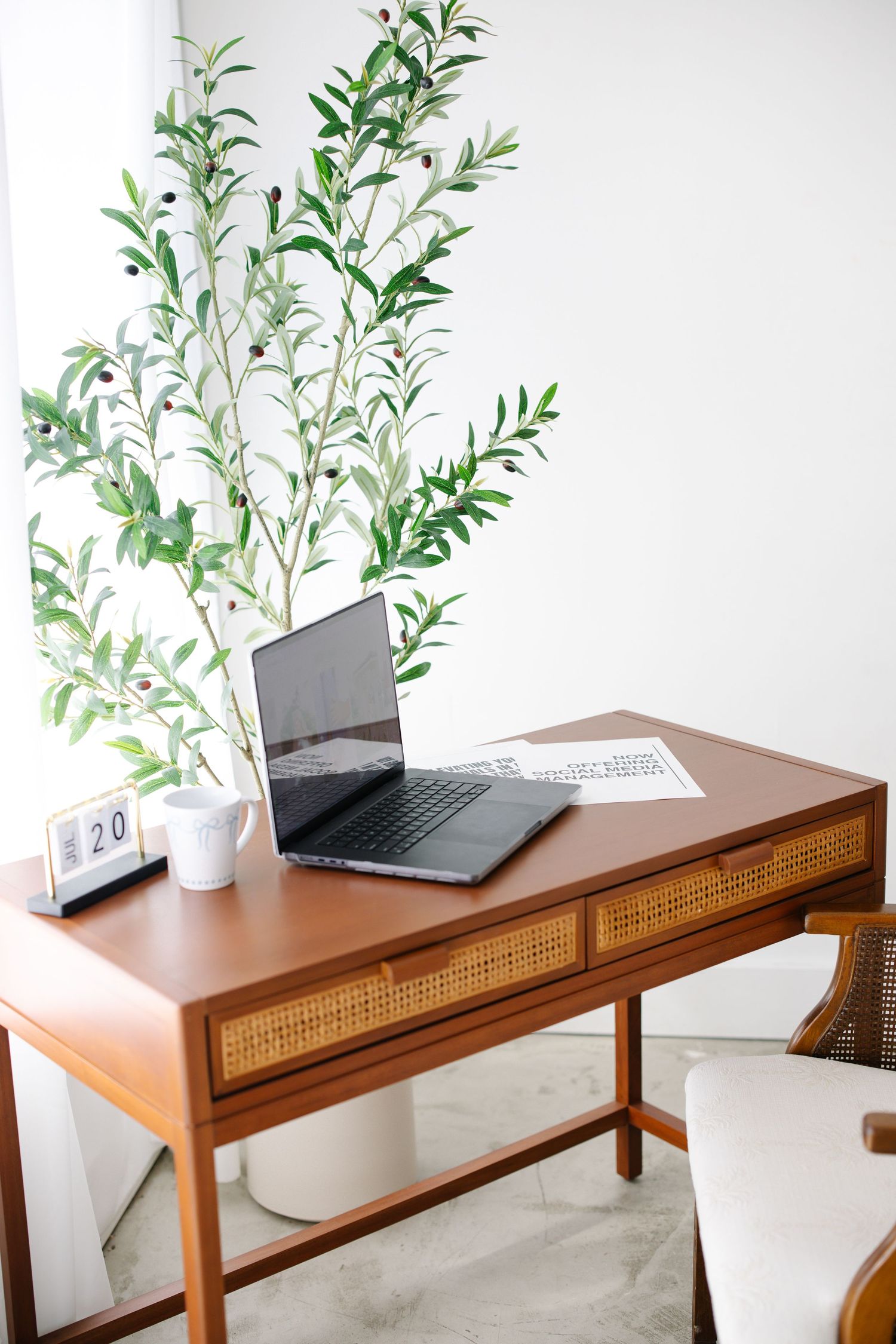 Mid-century wooden desk with rattan drawers, open laptop, coffee mug, and green plant against white wall.