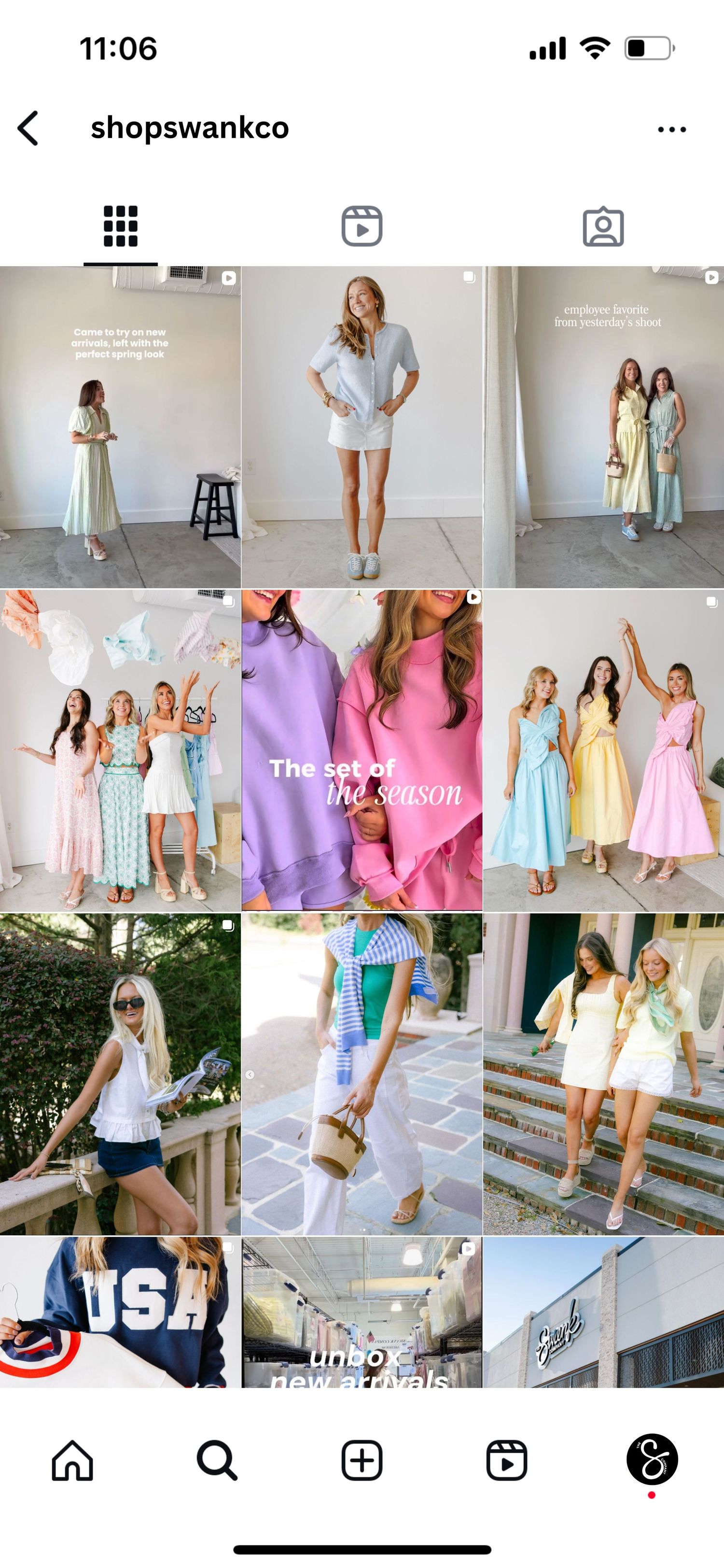 Instagram grid of shopswankco boutique featuring pastel spring women's fashion and lifestyle content.