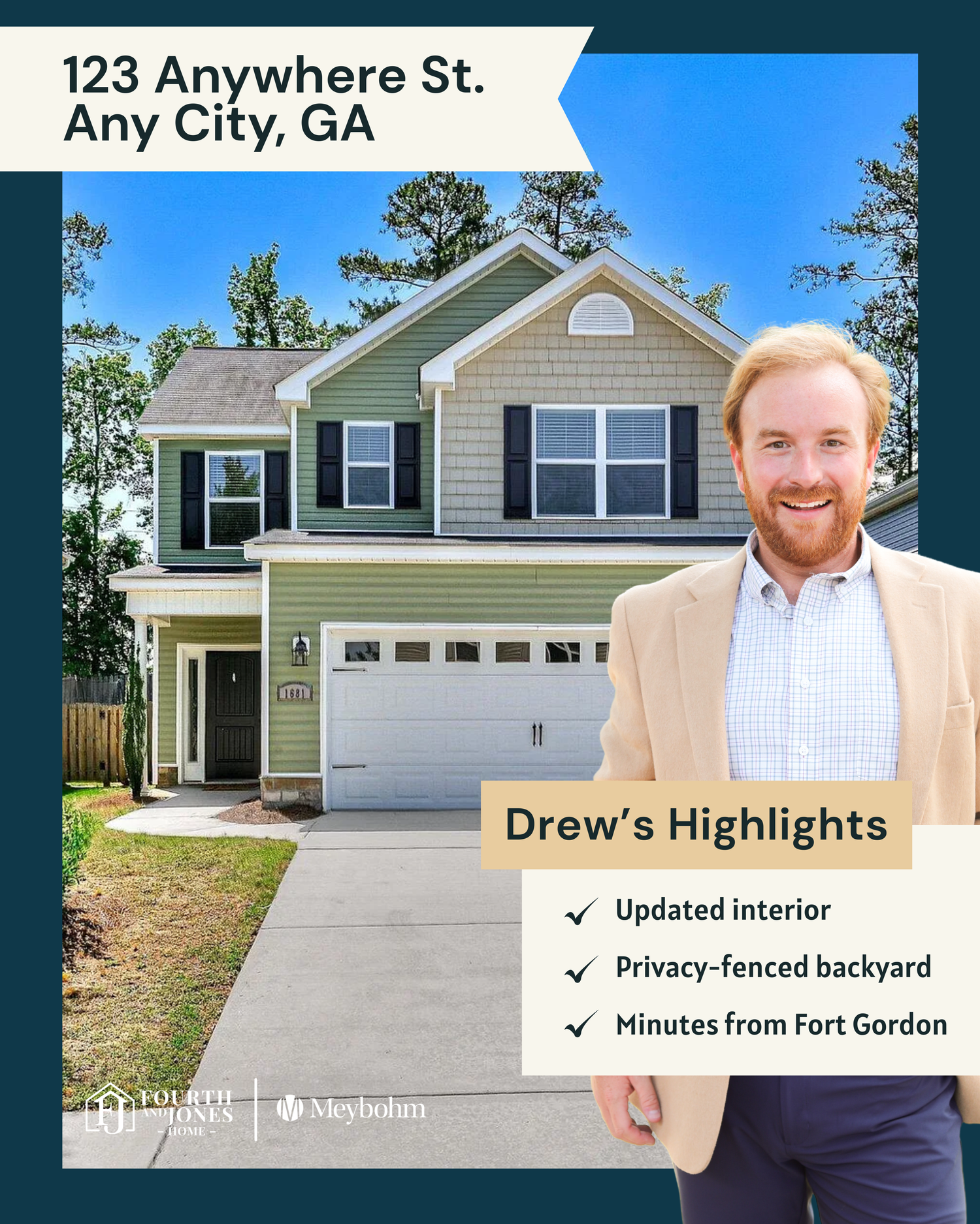 Real estate listing photo for 123 Anywhere St, Any City, GA featuring a smiling agent beside a green two-story home.