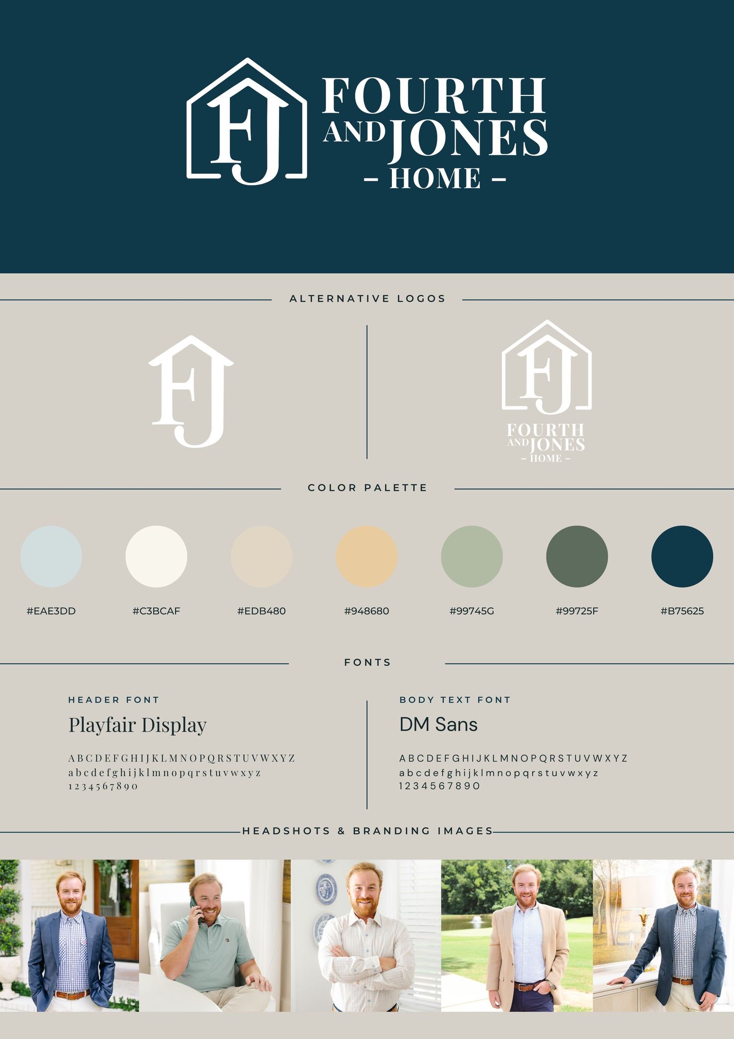 Brand style guide for Fourth and Jones Home featuring logo variations, color palette, fonts, and professional headshots.