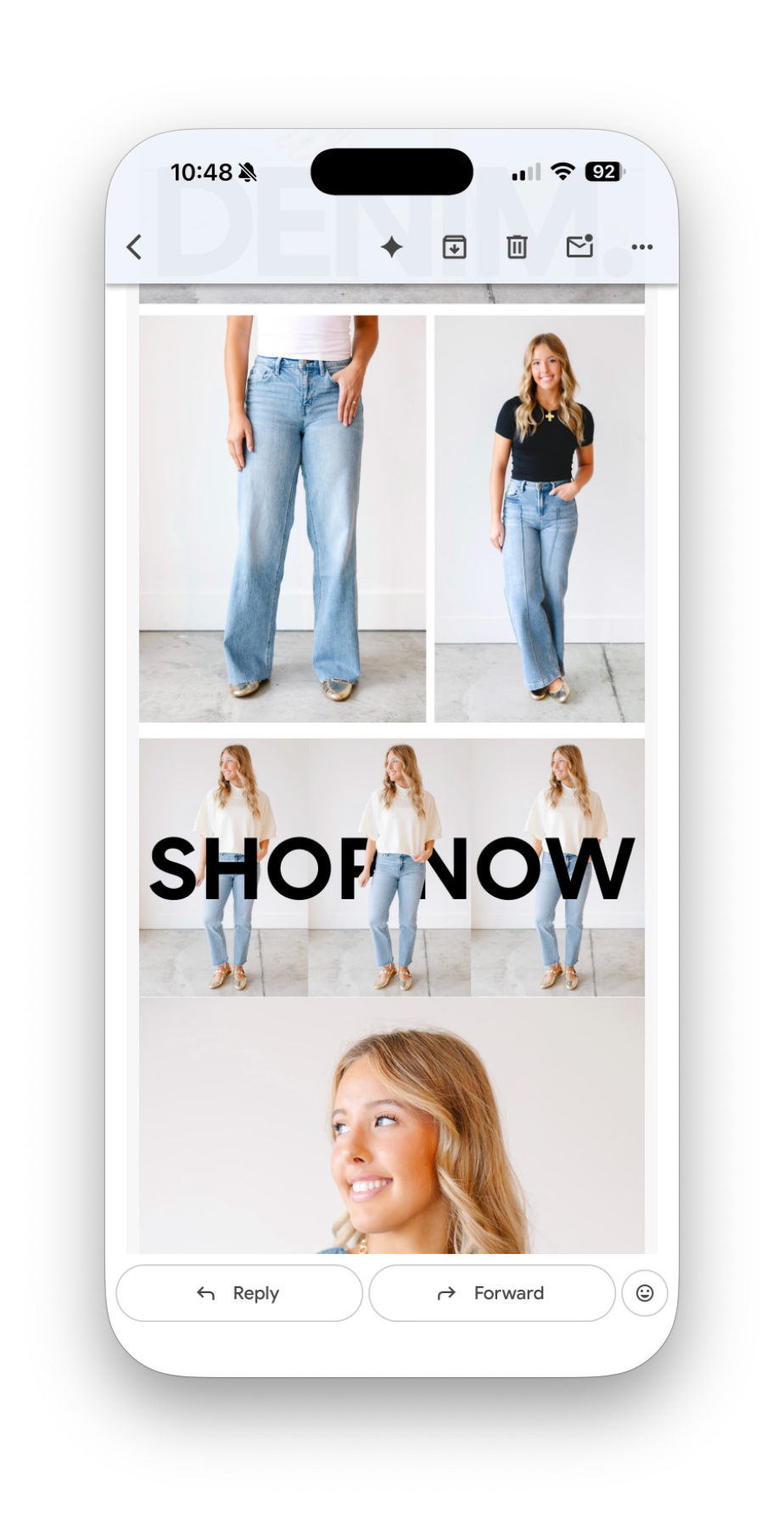 Swank Company email showcasing women modeling wide-leg and flare denim jeans with a Shop Now button.