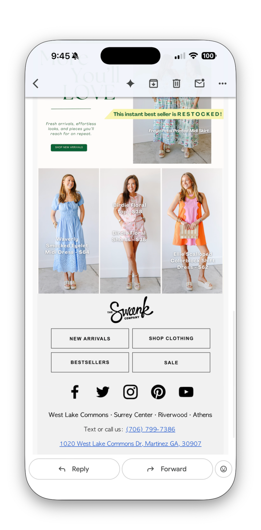 Swank Company email footer showing three women in colorful spring dresses with navigation and social links.