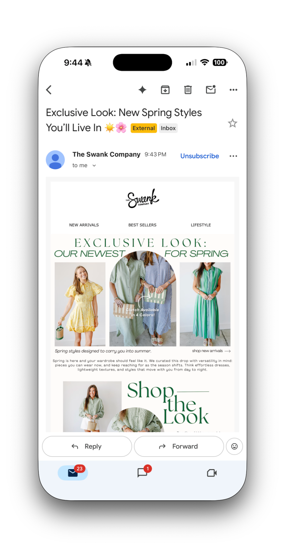 Spring email newsletter from The Swank Company featuring new floral and pastel dresses for the season.