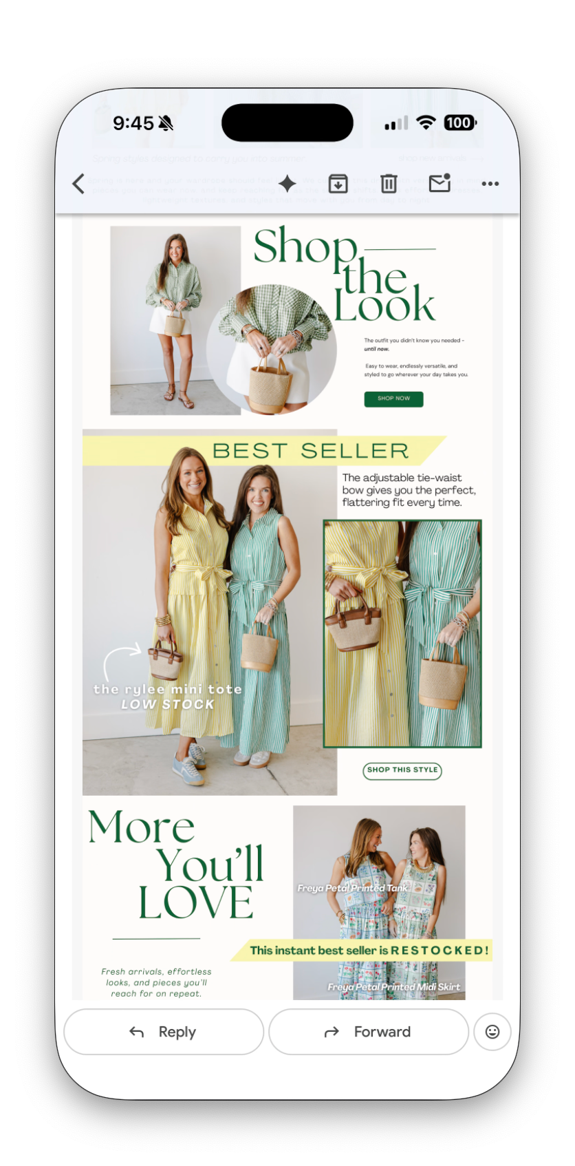 Swank Company spring email featuring Shop the Look, Best Seller bow dress, and More You'll Love section.