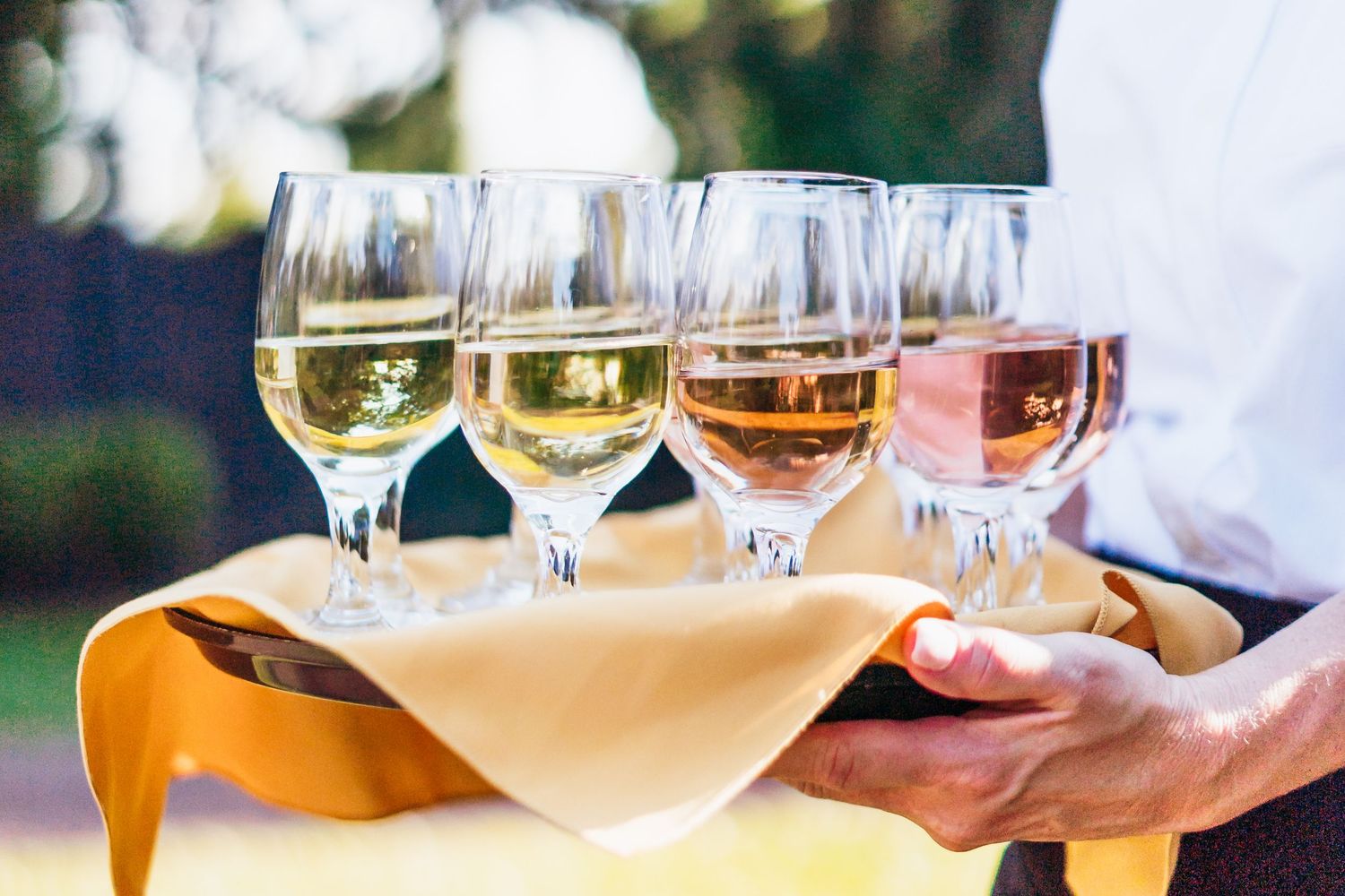 Fernbrook farms Philly wedding photography Waiter holding a tray with four glasses of white and rosé wine at an outdoor event.