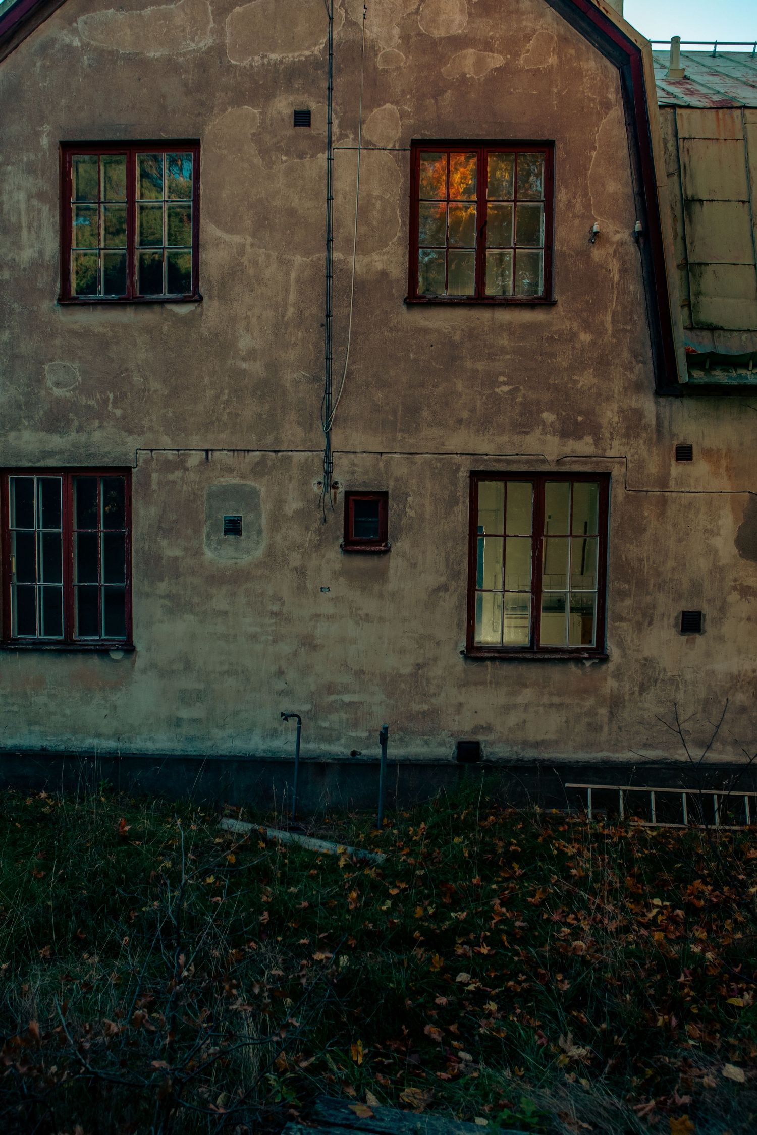 Aged stucco building facade with dark windows reflecting autumn foliage at dusk.