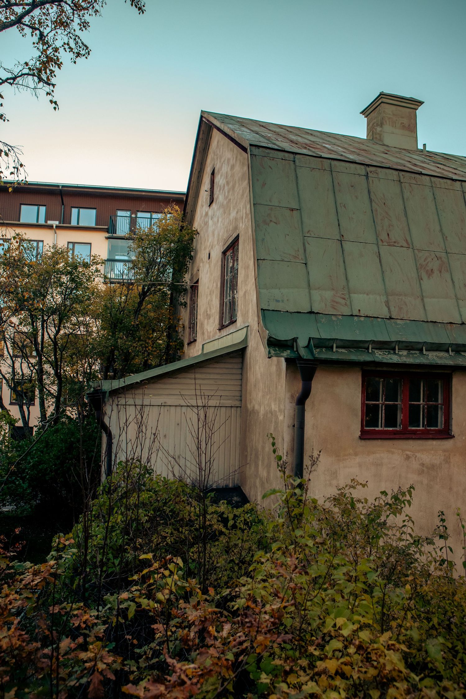 Old abandoned house with green metal roof surrounded by autumn trees and shrubs.