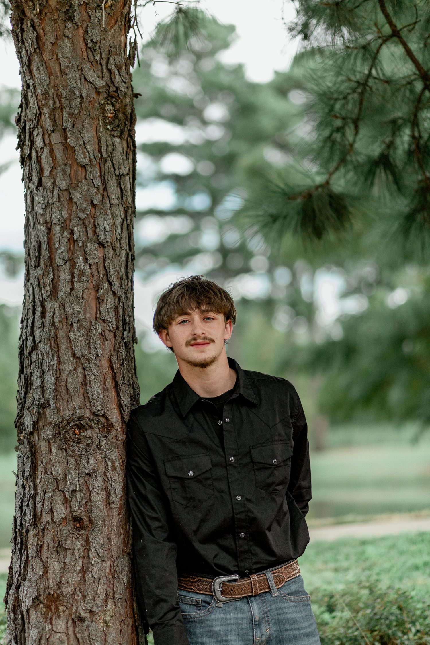 Relaxed young man in black shirt and jeans posing beside pine tree outdoors.