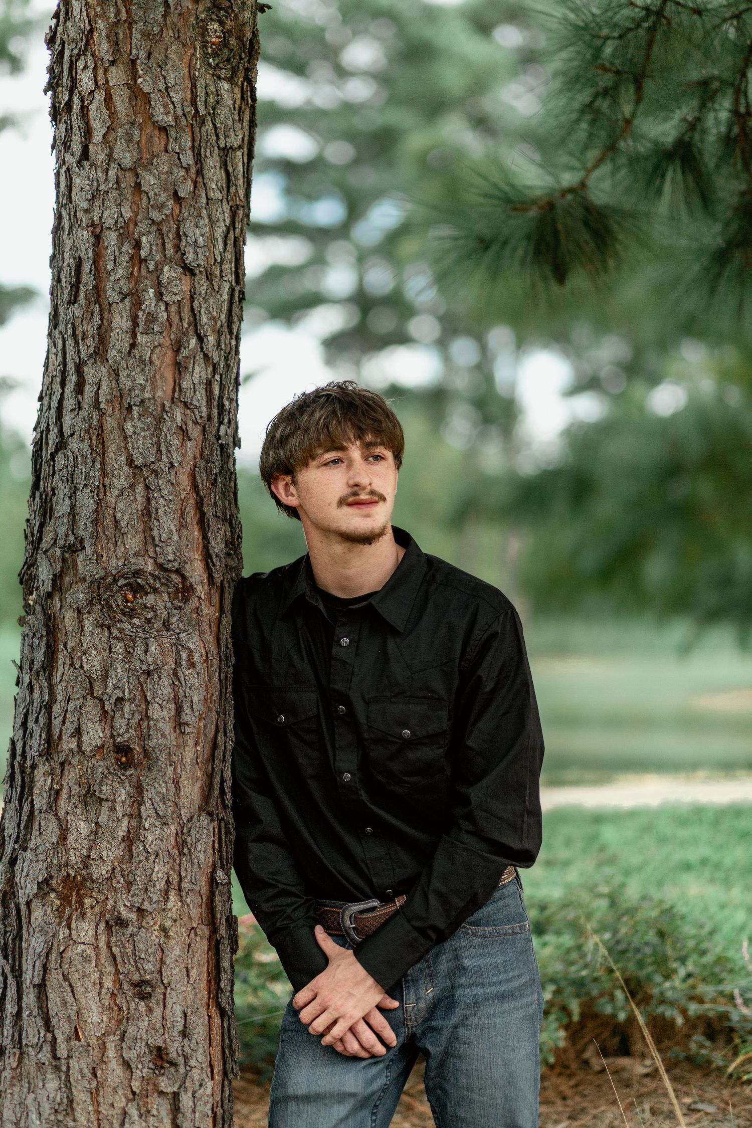 Young man in black shirt leaning against pine tree trunk in park setting.