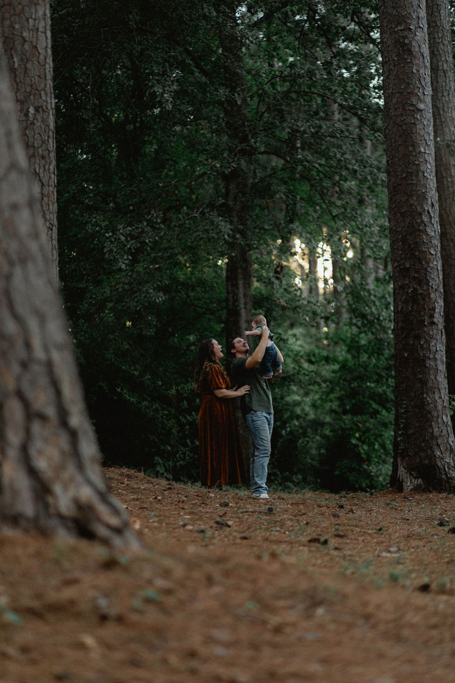 Family of three standing among tall trees in forest, father lifting baby overhead.
