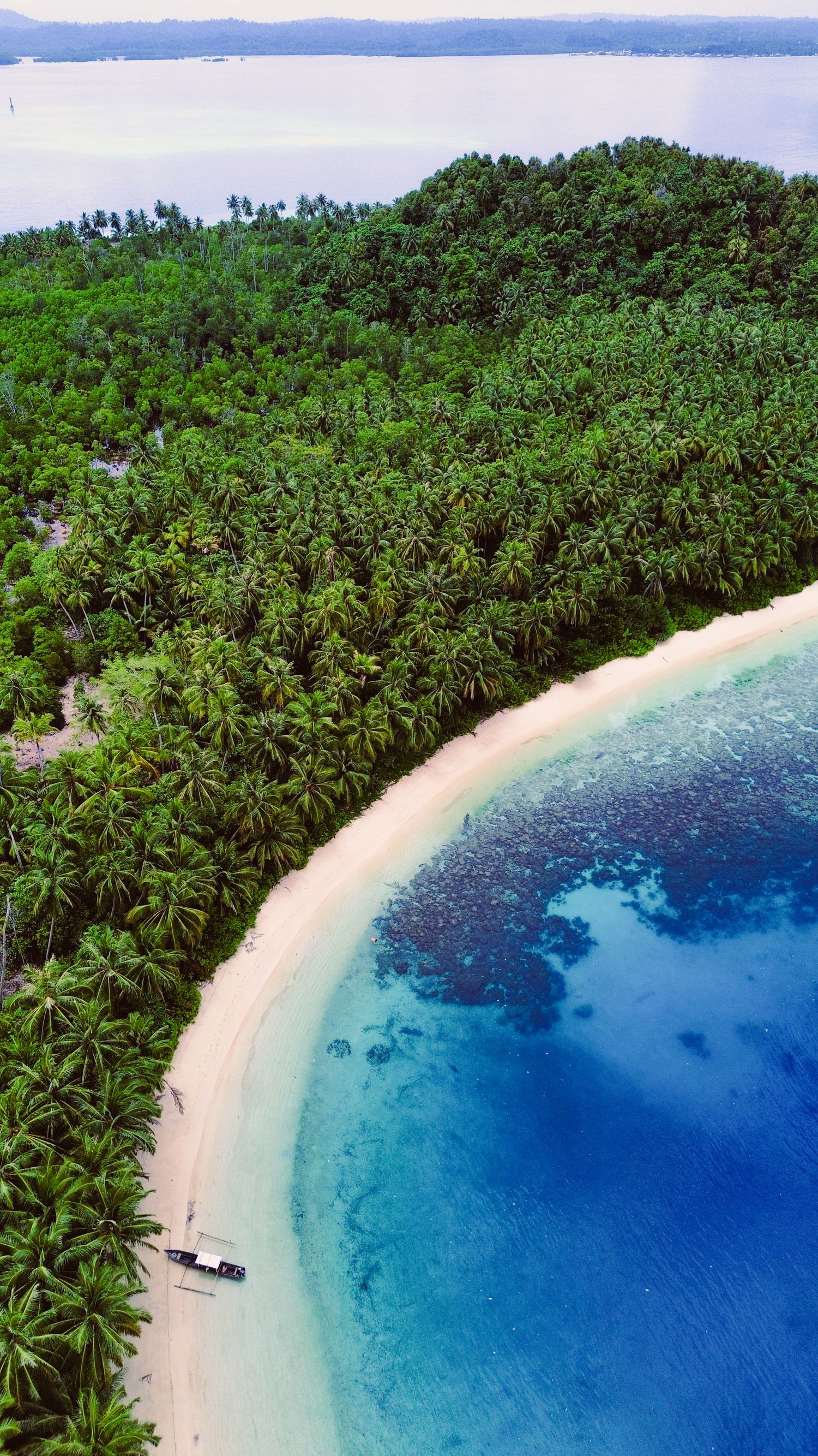 Pirogue amarrée le long d'une plage de sable blanc —plan drone -  îles Mentawaï, Indonésie